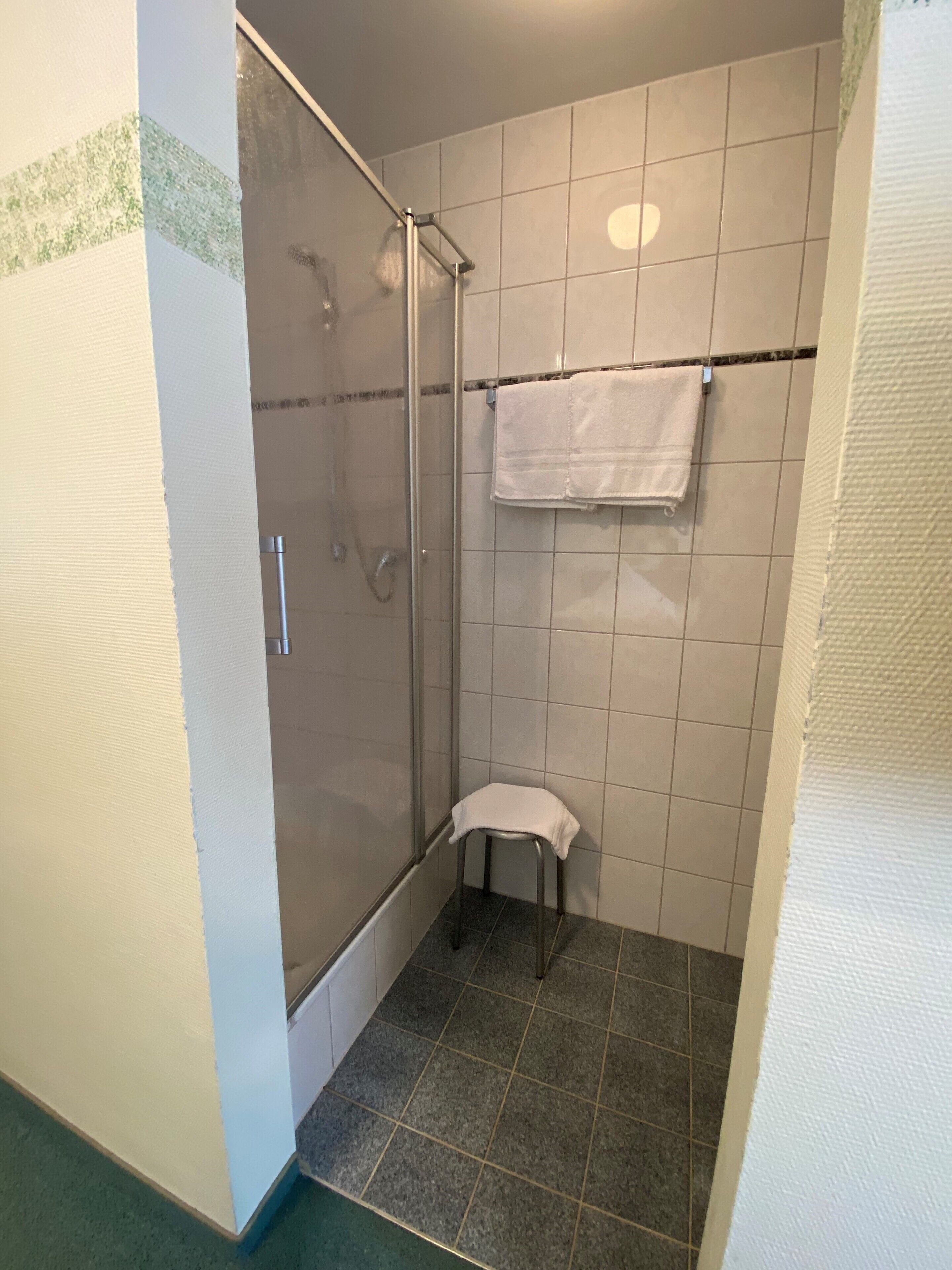Une petite salle de bain avec une douche, un porte-serviettes et un sol carrelé.
