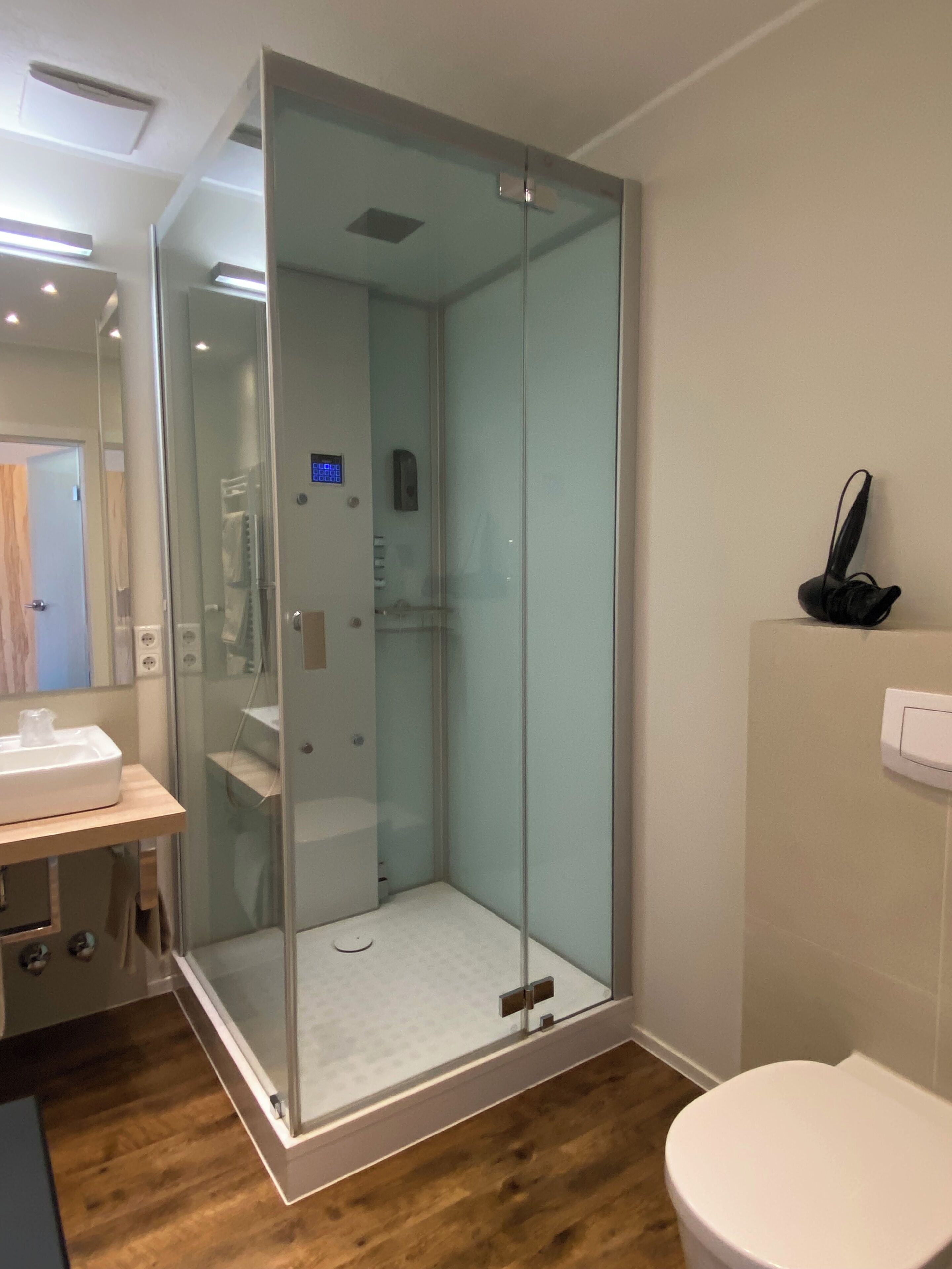 A modern bathroom with a glass-enclosed shower, a white sink, and a toilet.