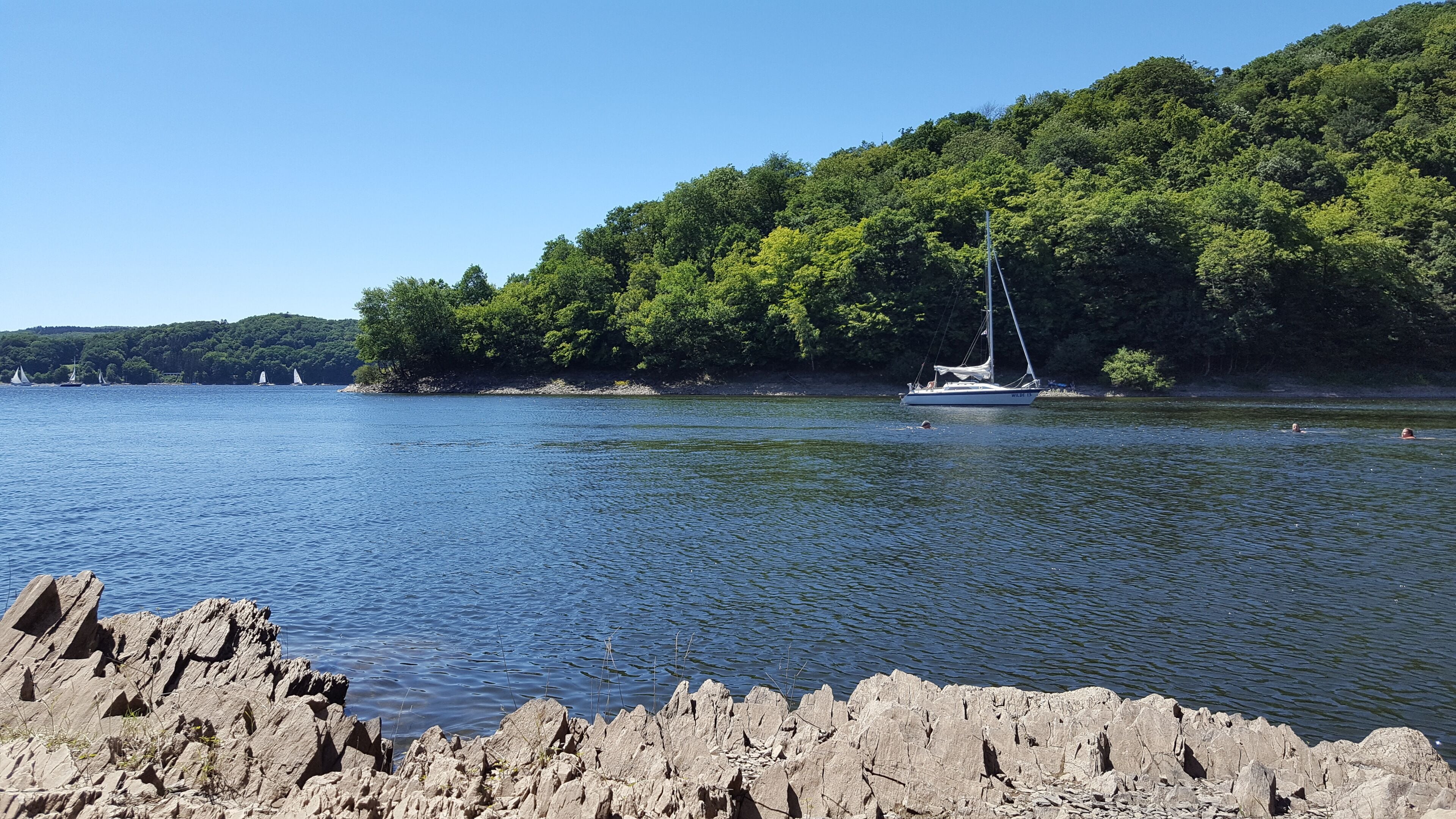 Ein ruhiger See mit einem Segelboot, felsiger Uferlinie und dichtem Wald im Hintergrund.