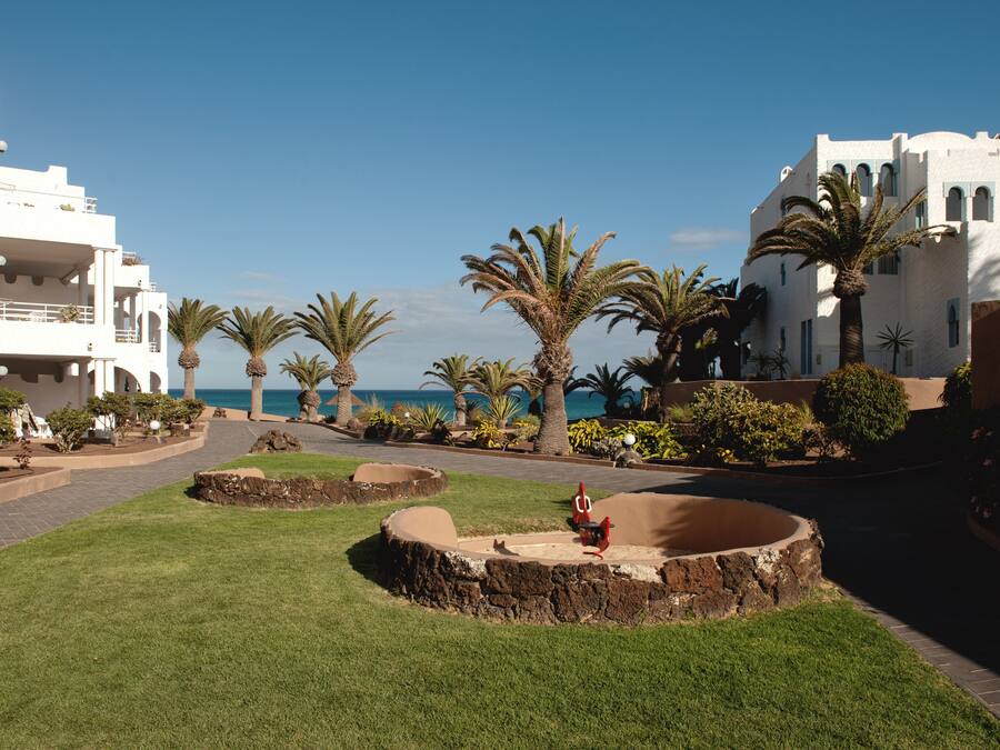 A landscaped area with palm trees, a circular water feature, and a pathway leading to a building with balconies overlooking the sea.