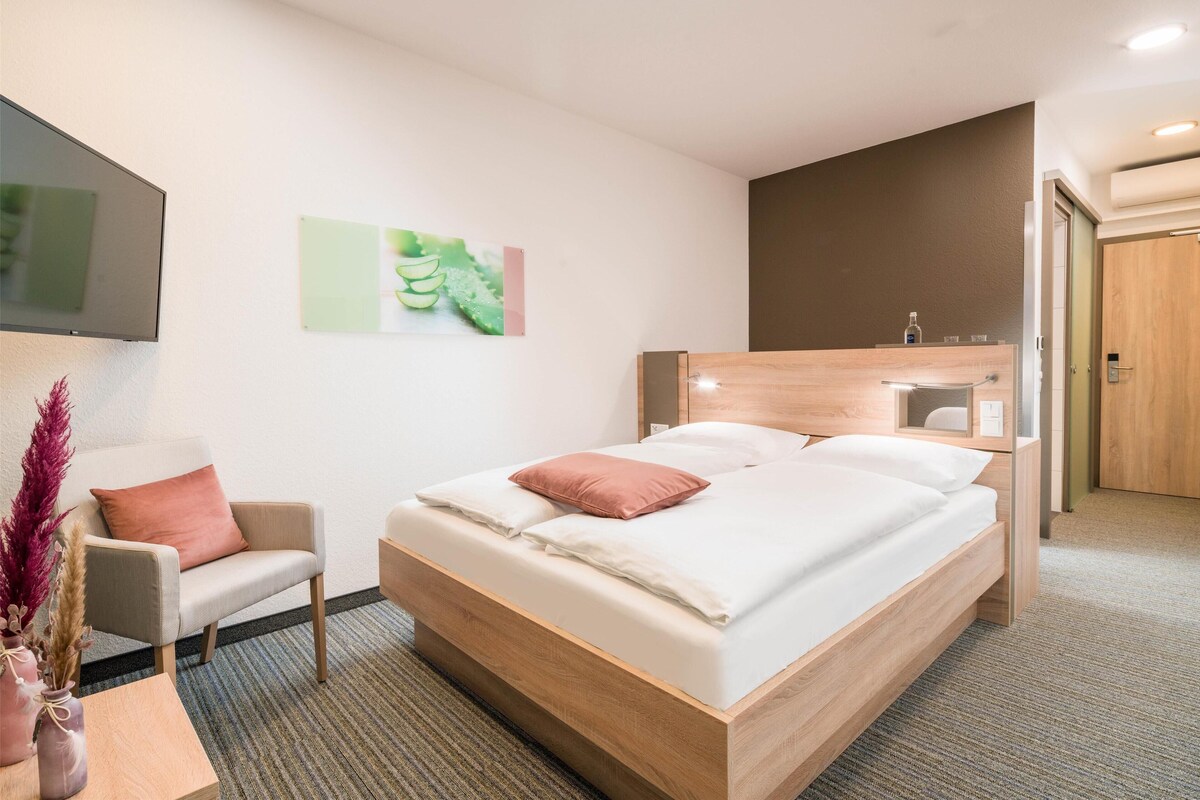 Una habitación de hotel moderna con una cama de madera, una mesita de noche pequeña, una silla, un televisor de pantalla plana y una obra de arte colgada en la pared.