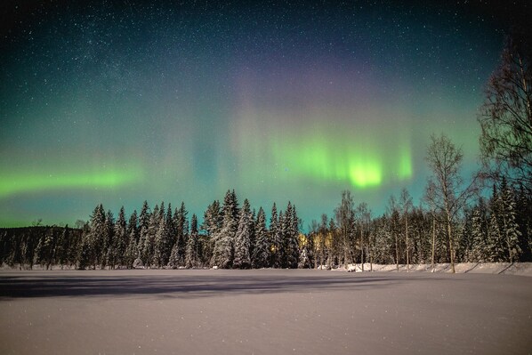 Un paisaje nevado con cielo nocturno despejado y aurora boreal visible.