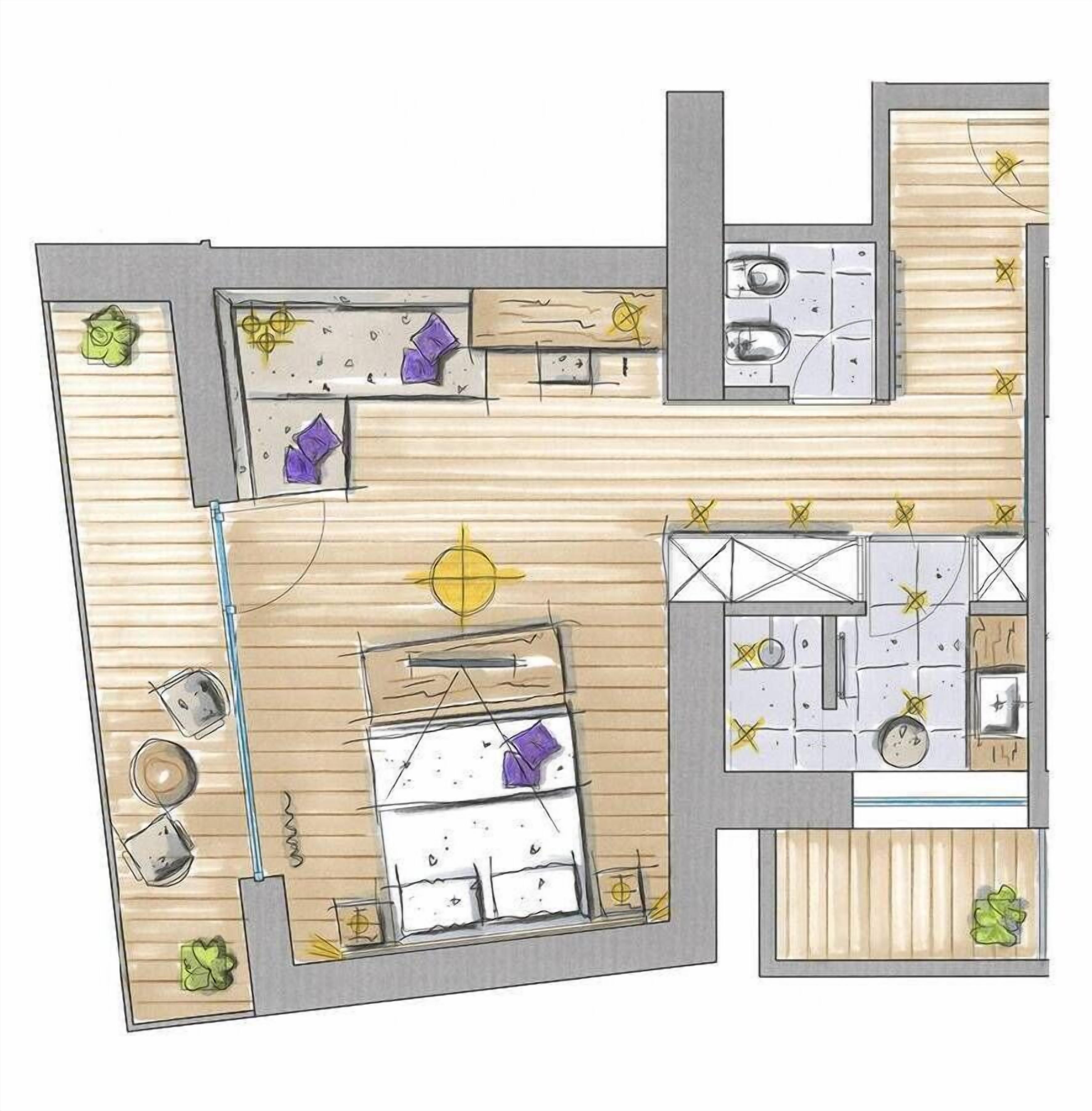 Plano de planta de un hotel que incluye cocina, comedor y dos dormitorios.