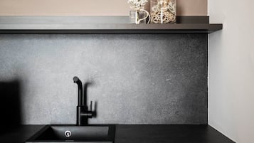 A modern kitchen with a black countertop, a sink, and a shelf above it.