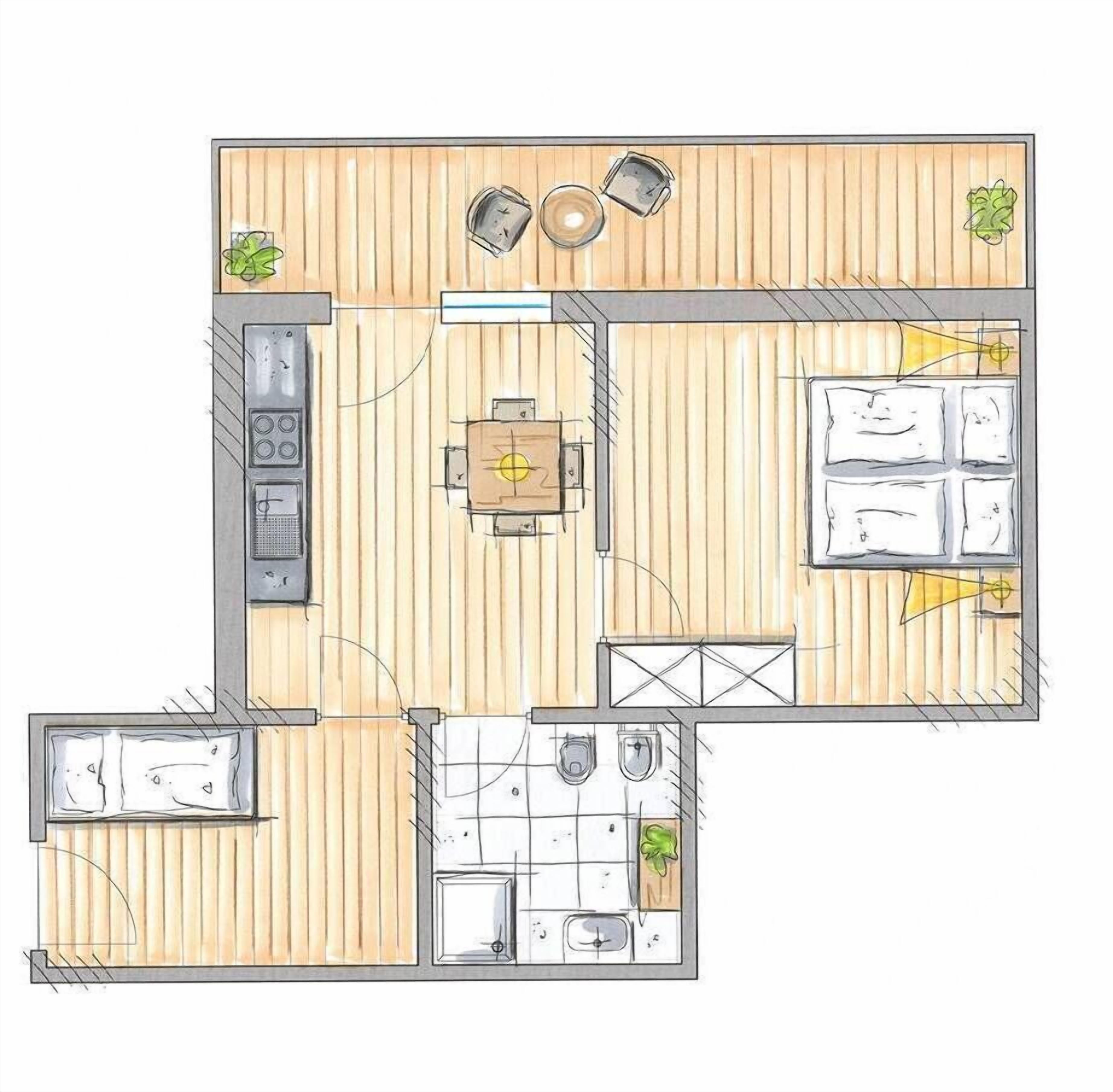 Plano de un cuarto de hotel con kitchenette, zona de comedor, baño y un pequeño jardín.