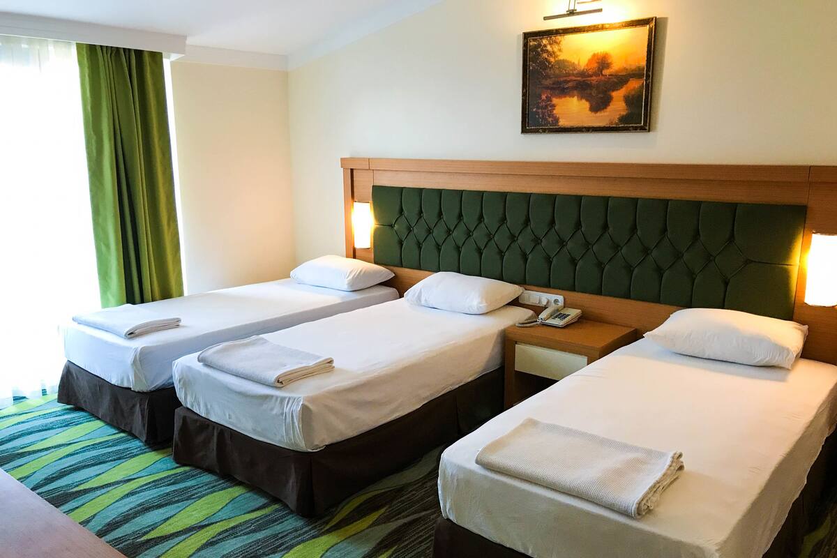 Une chambre d’hôtel avec deux lits simples, une tête de lit recouverte d’un tissu vert, une table de chevet avec un téléphone et un tableau accroché au mur.