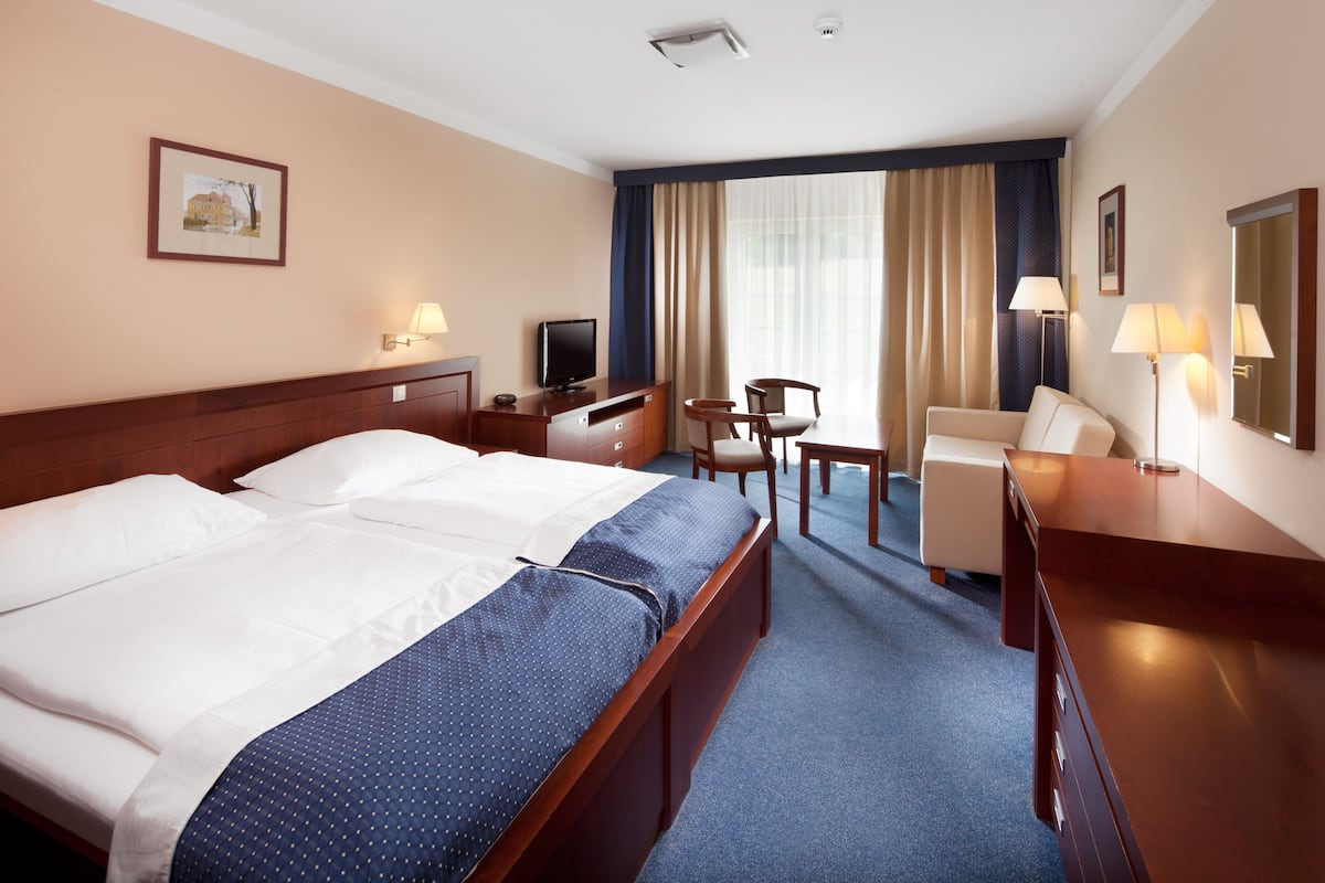 Habitación de hotel con una cama grande, un escritorio, dos sillas, un televisor y una ventana con cortinas.