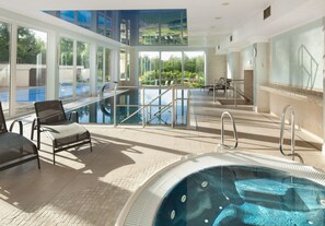 Indoor pool, outdoor pool, pool loungers