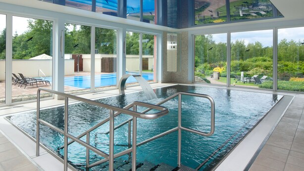 Una piscina interior con vistas despejadas a una piscina en el jardín y abundante vegetación.