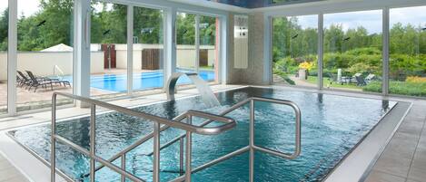 Indoor pool, outdoor pool, pool loungers