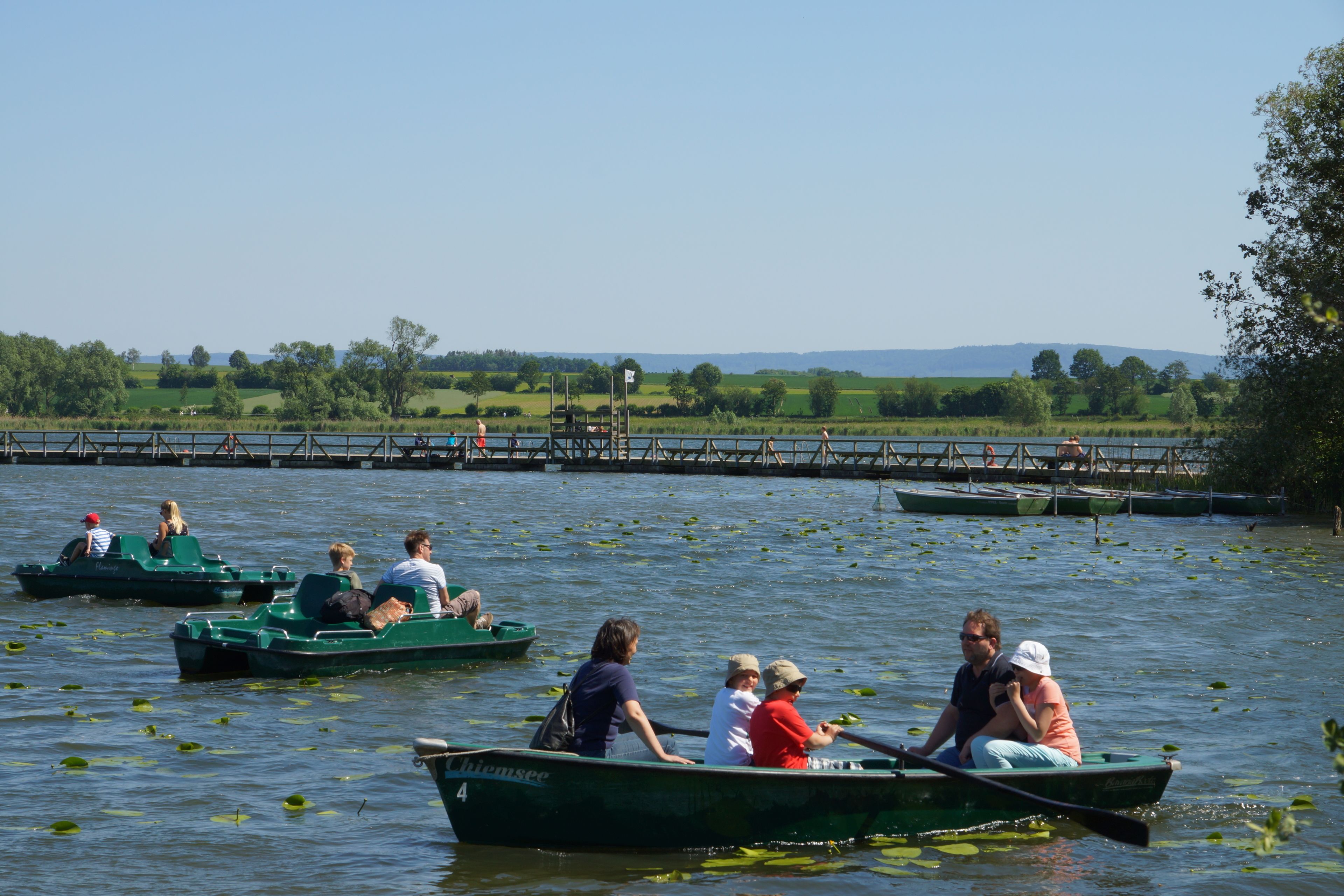 A group of people in green rowboats on a calm lake with lily pads, surrounded by greenery and a clear sky.