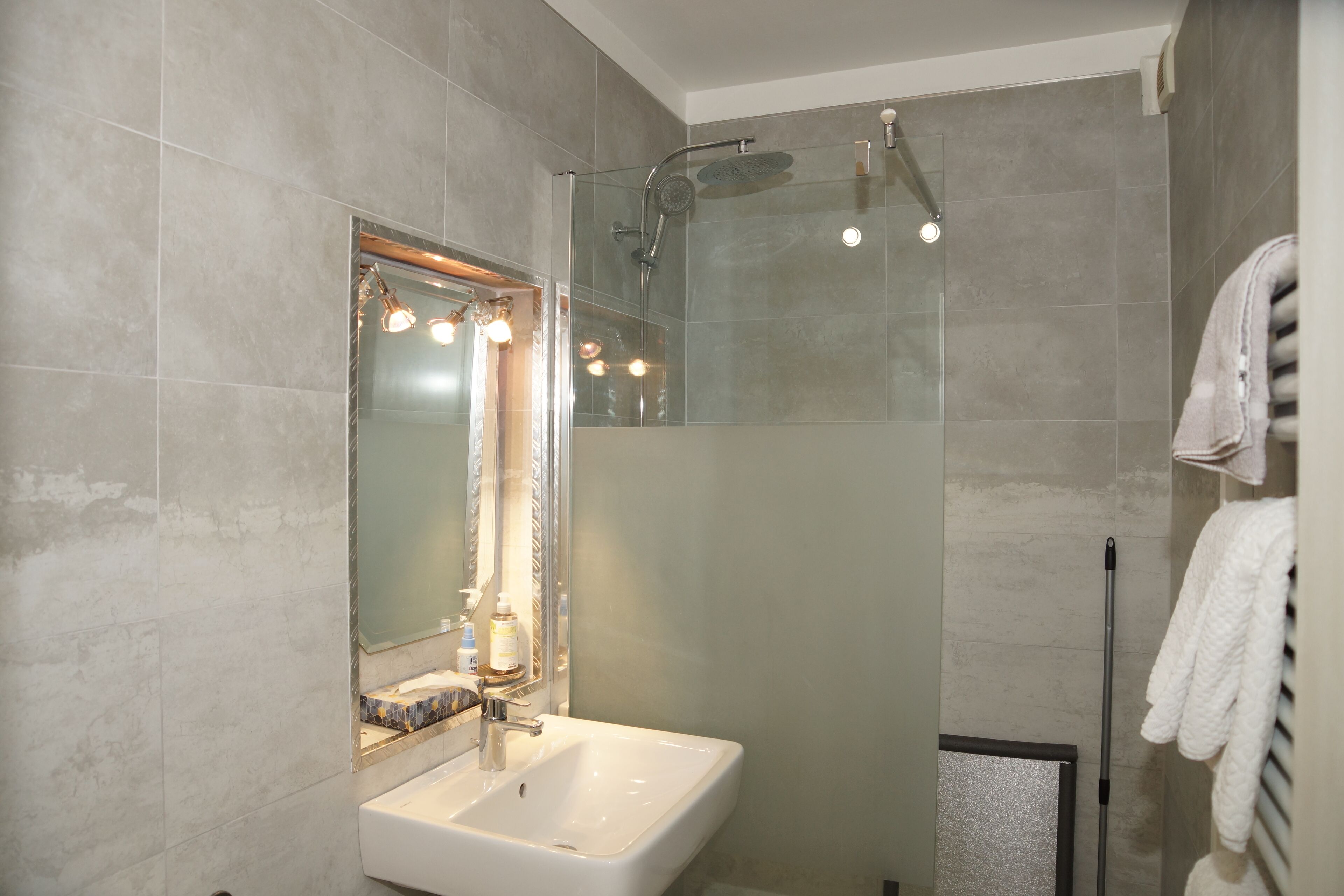 A modern bathroom with a glass-enclosed shower, a large mirror, and a white sink.