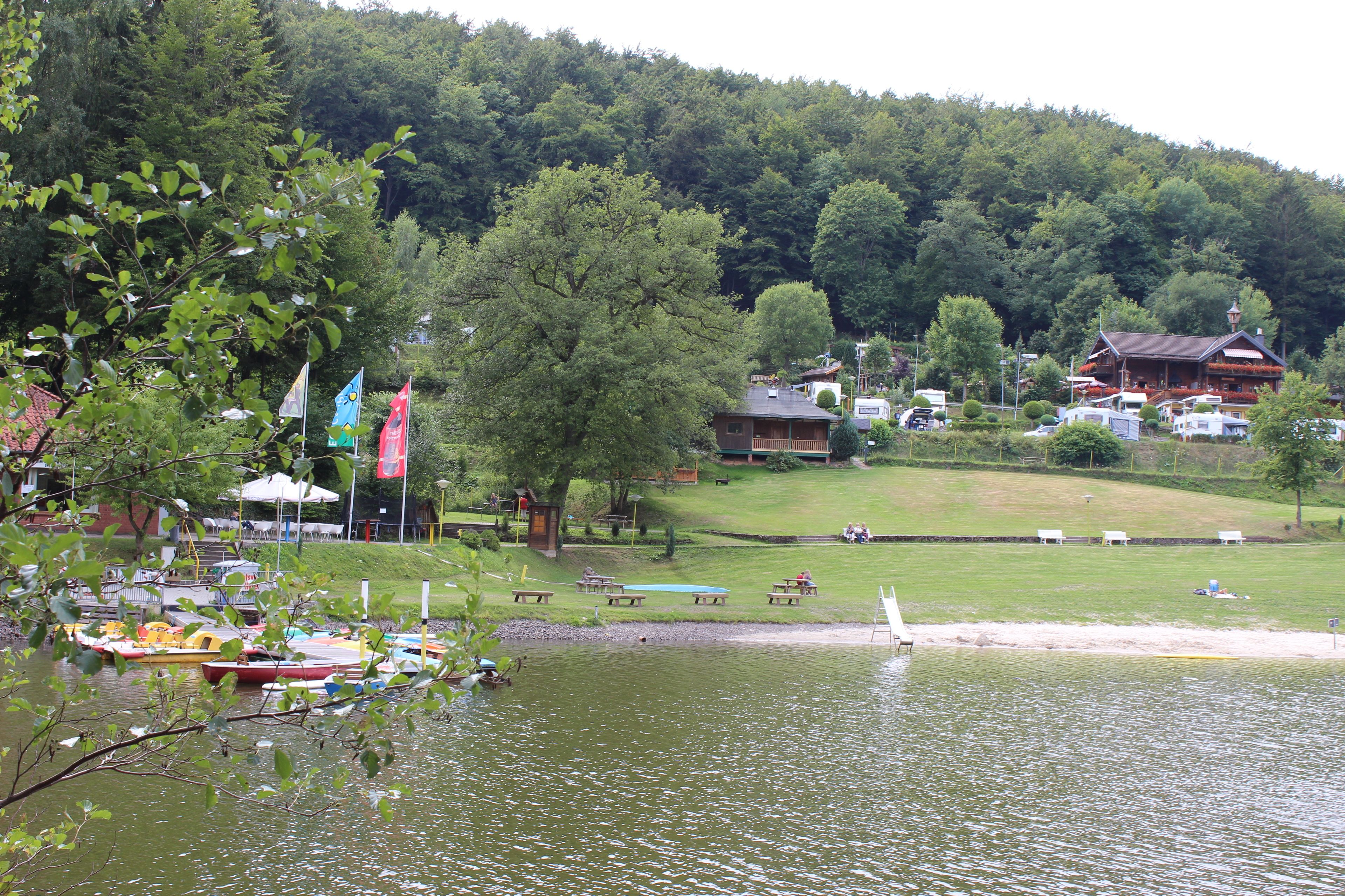 A lakeside view with picnic tables, a wooden cabin, and a boat dock.
