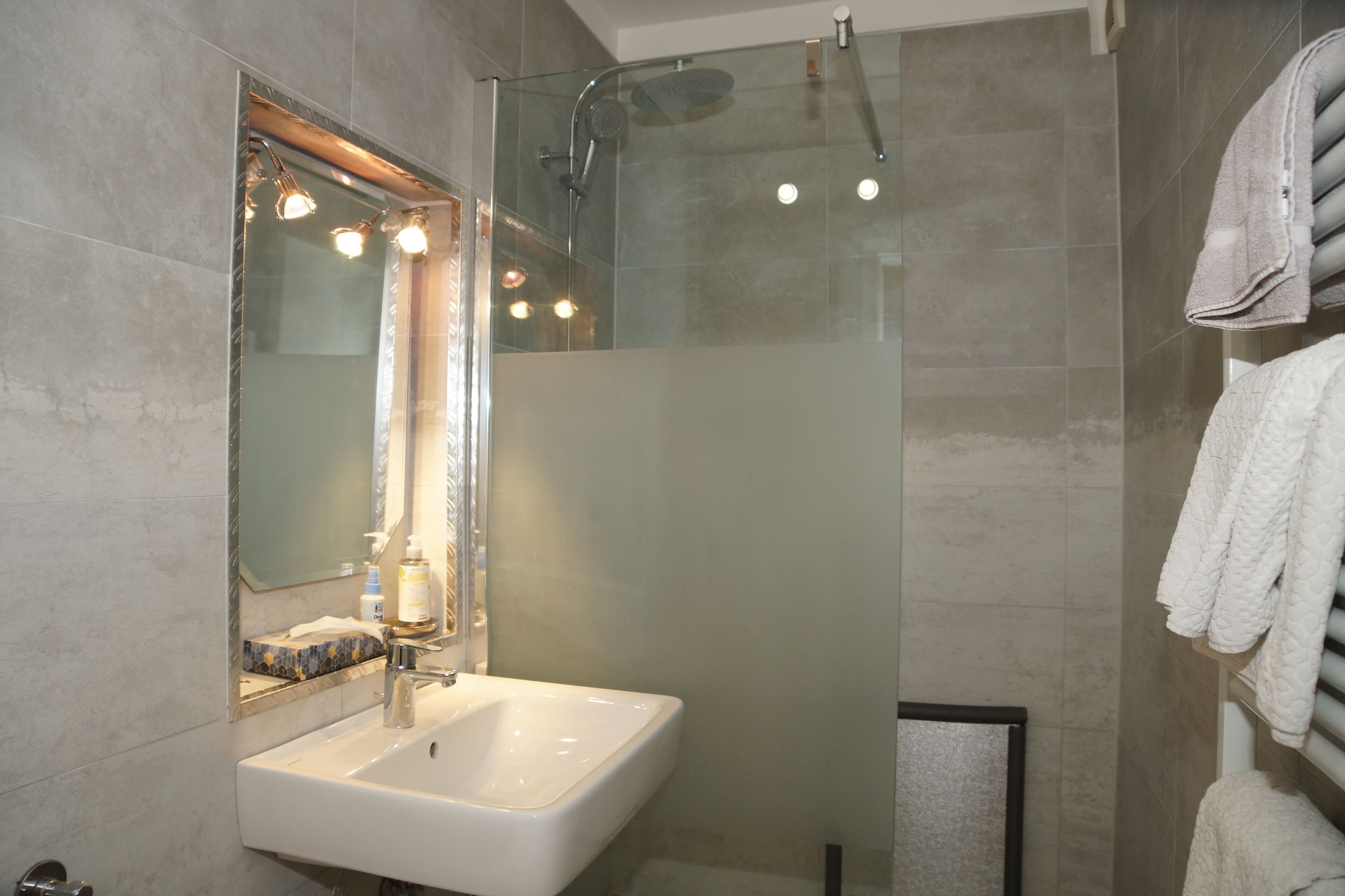 A modern bathroom with a glass-enclosed shower, a white sink, and a large mirror.