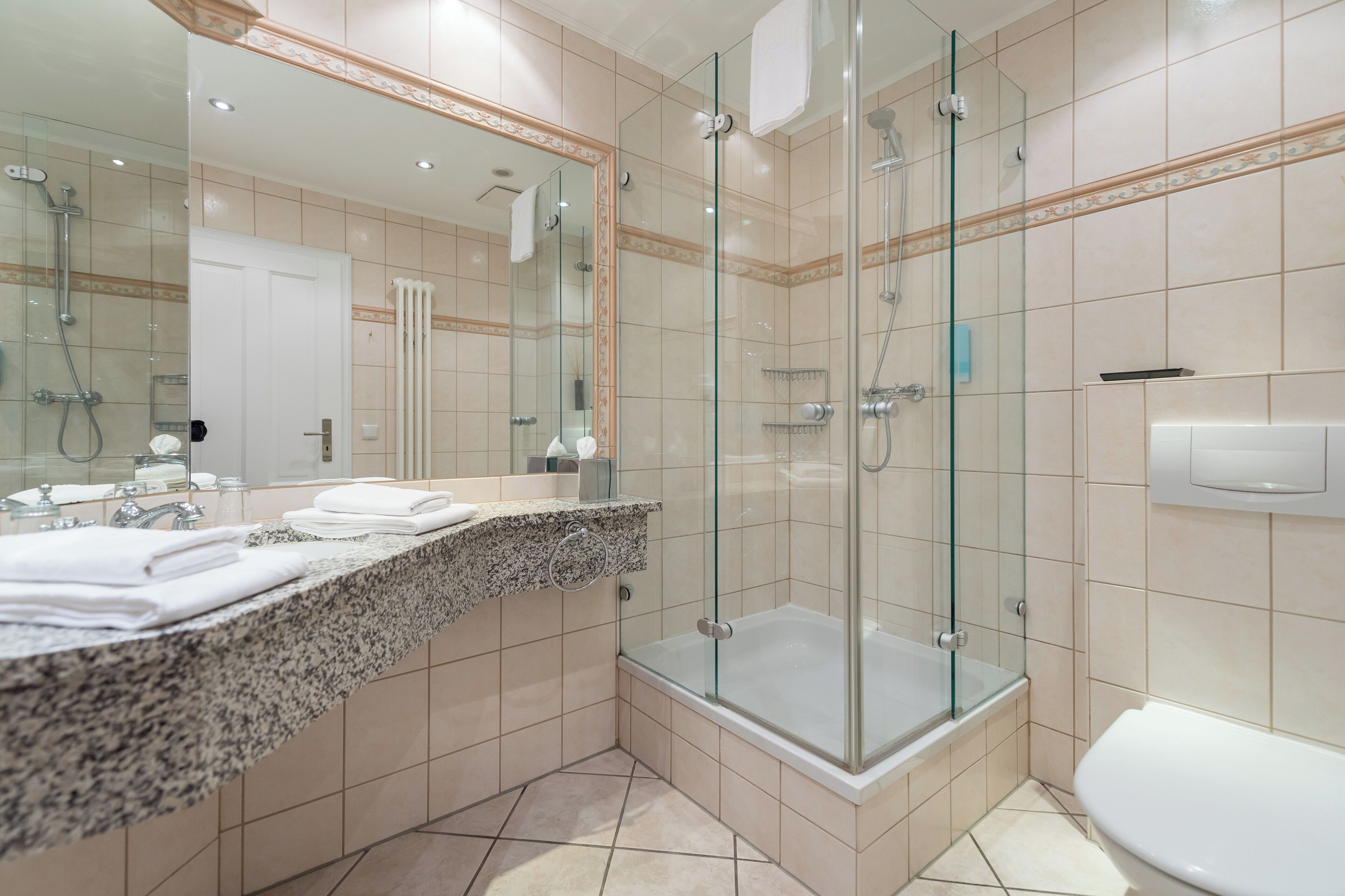 A modern bathroom with a glass-enclosed shower, a large mirror, and a granite countertop.