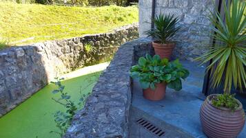 A stone wall with a small water feature and potted plants.