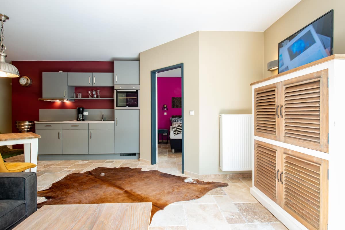 Une cuisine moderne avec des meubles de couleur grise, un meuble en bois intégrant un téléviseur et un tapis en peau de vache.