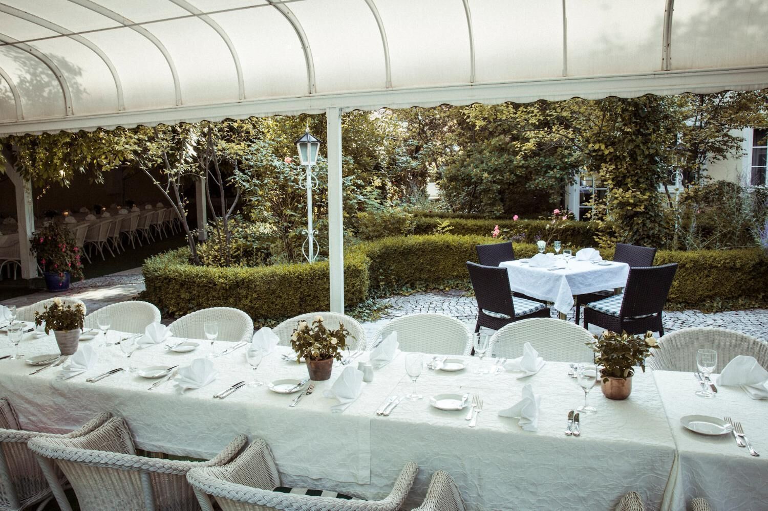 Un espacio exterior para comer con mesas y sillas blancas, rodeado de vegetación y una estructura cubierta.