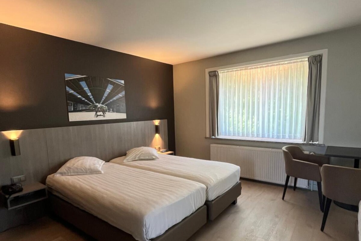 Hotellihuone, jossa on parivuode, yöpöydät, työpöytä ja tuoli.