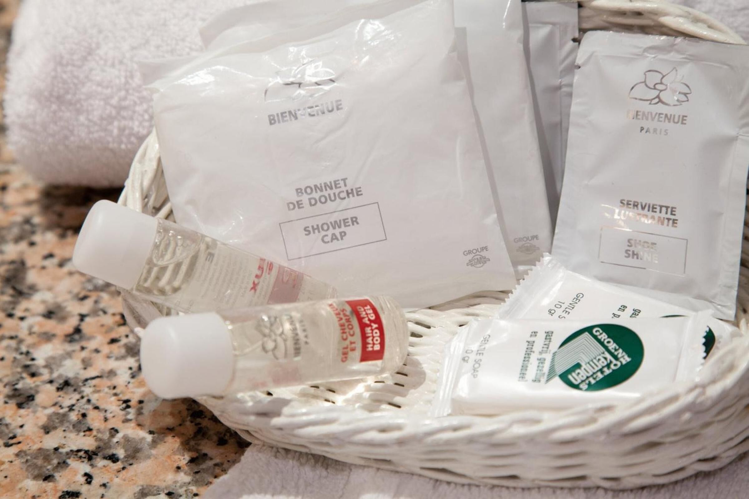 free toiletries, hair dryer, bathrobes, towels