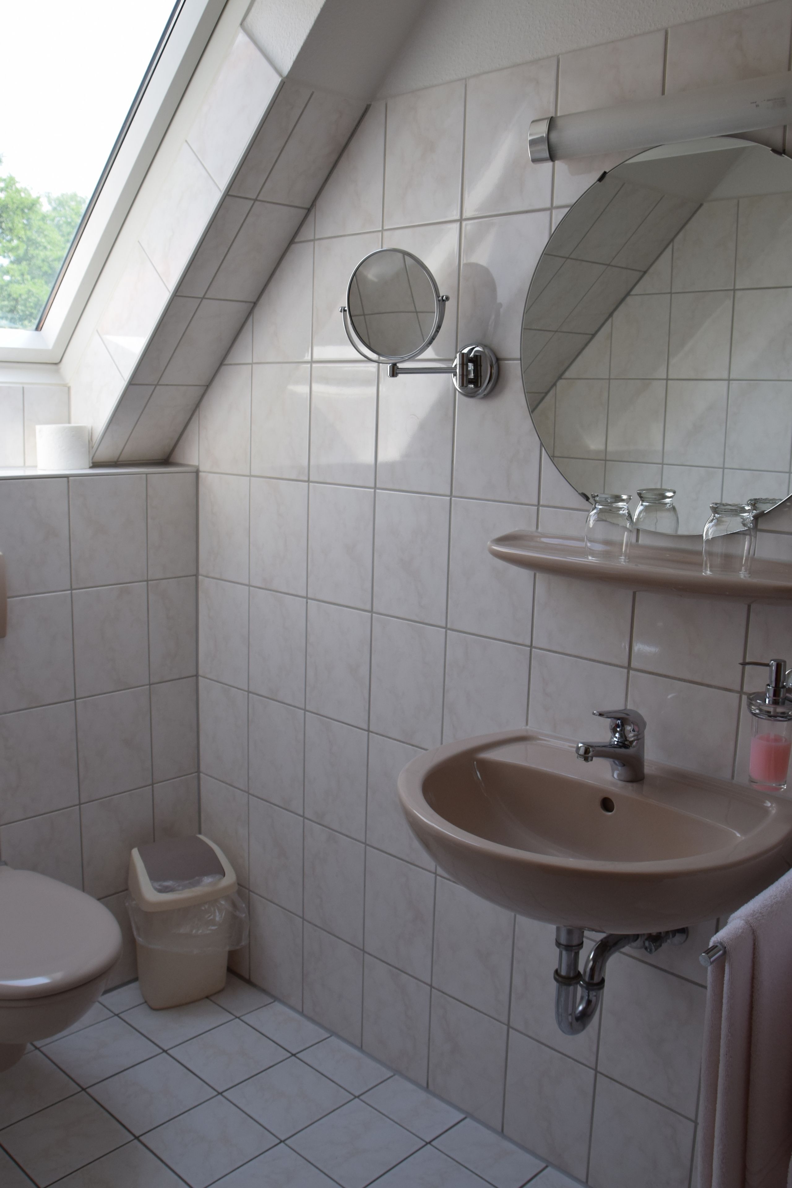 A bathroom with a skylight, a sink, a mirror, and a toilet.