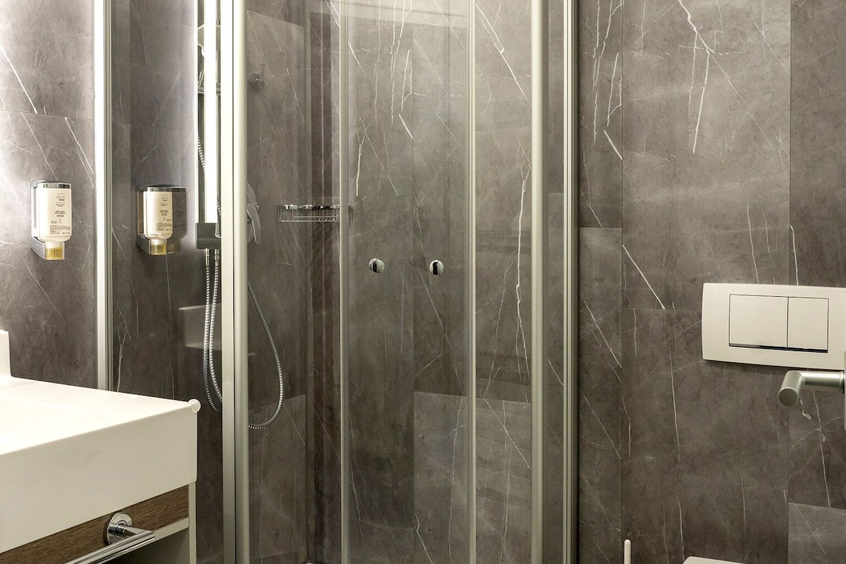 shower, free toiletries, hair dryer, towels