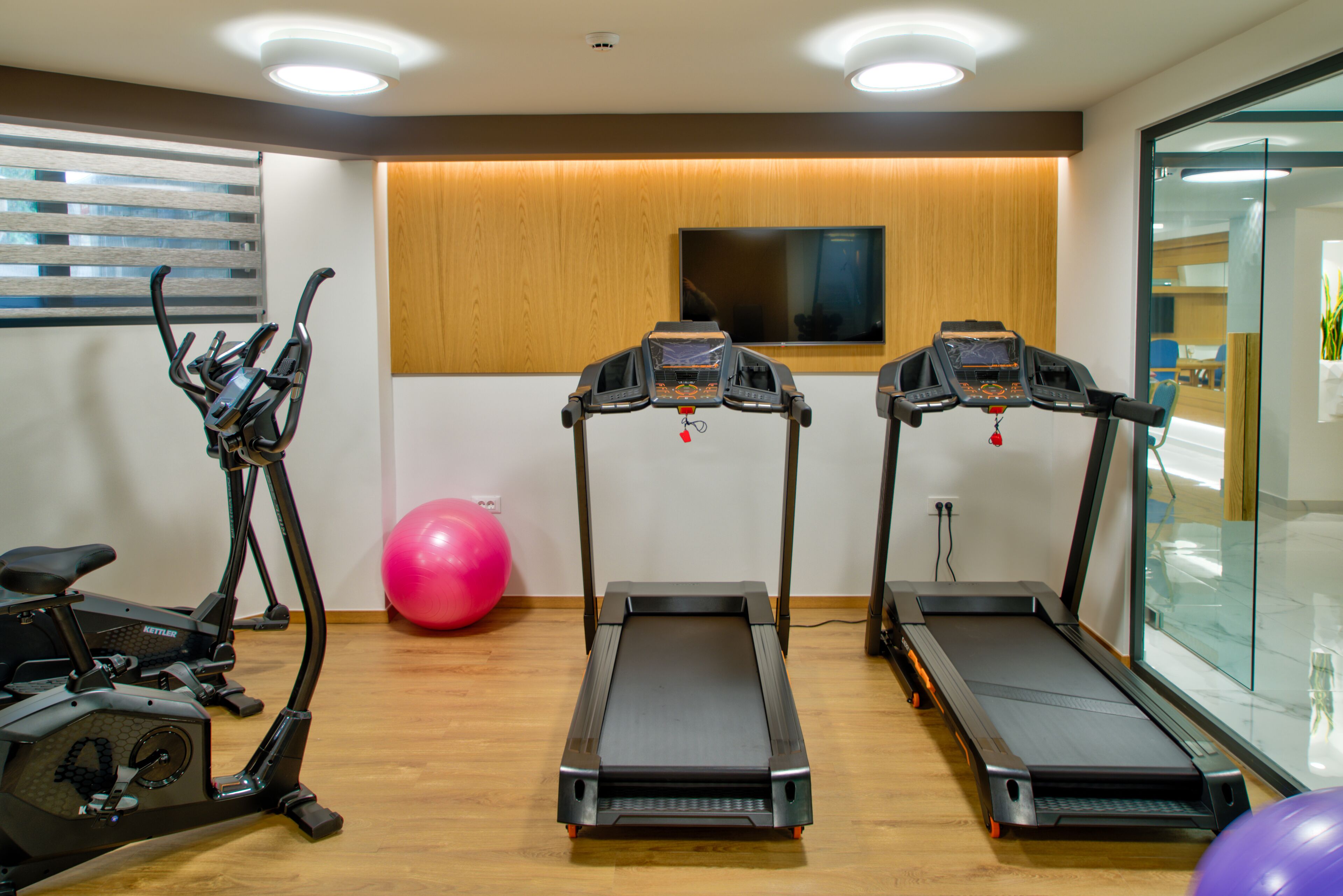 Un gimnasio con cintas de correr, bicicletas estáticas y una pelota de ejercicios grande.