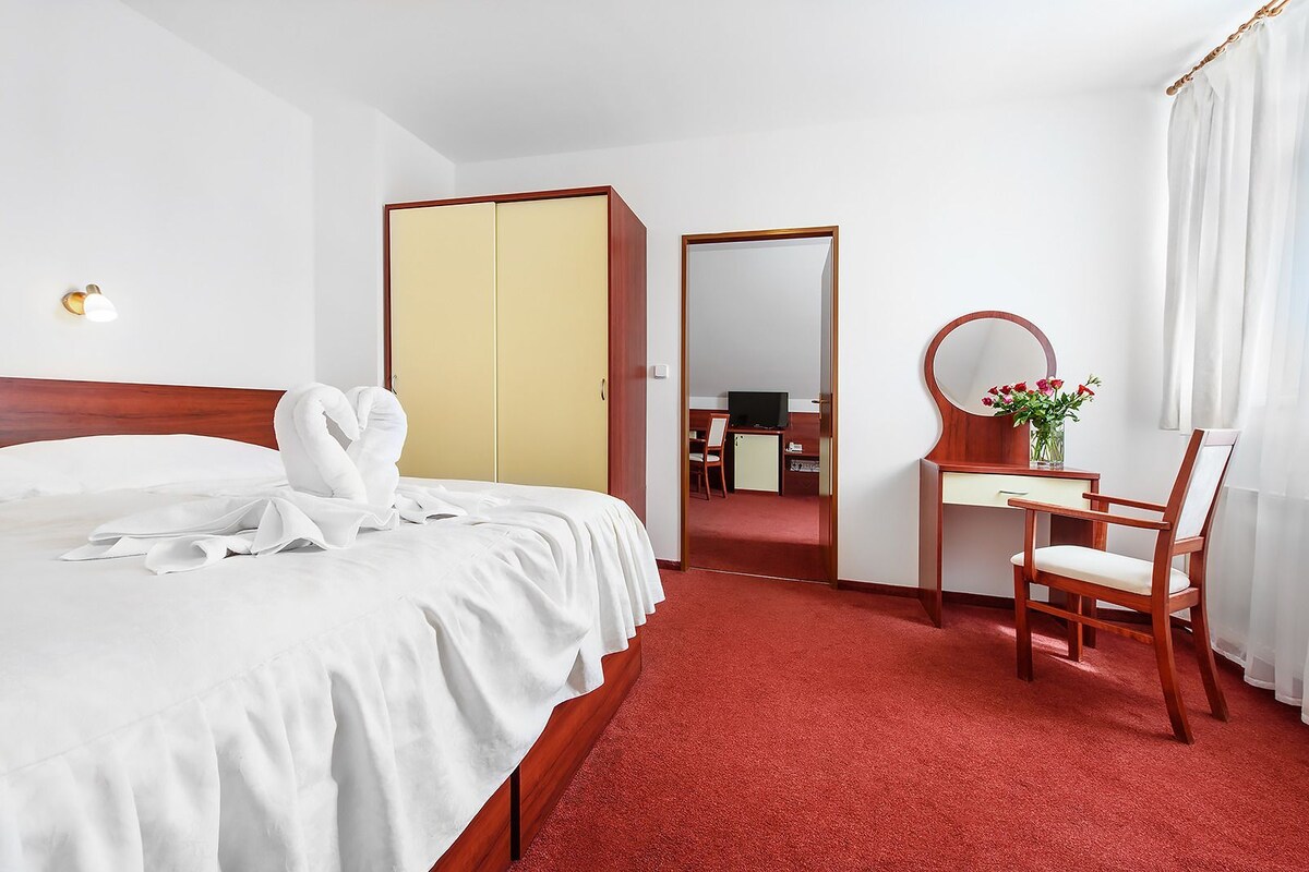 A hotel room with a bed, a desk, a chair, a mirror, and a wardrobe.
