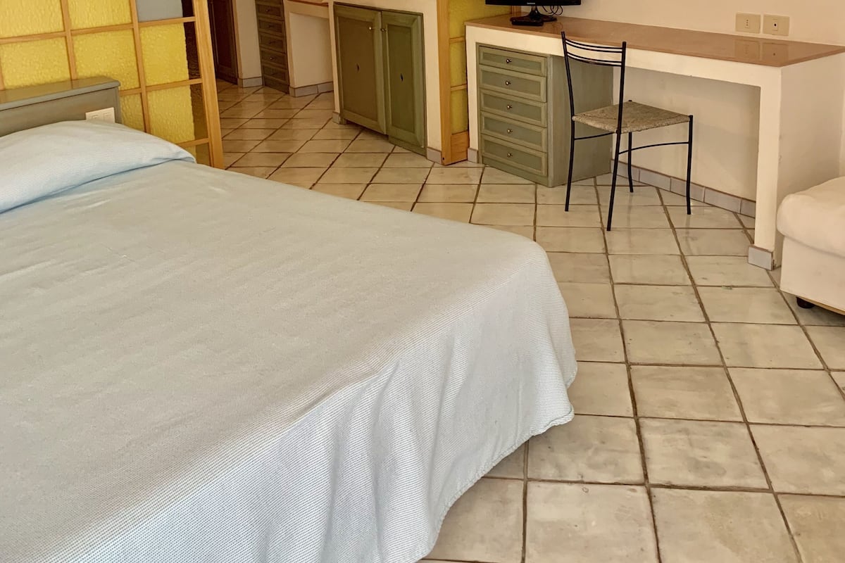 Una camera da letto con un letto, una scrivania con una sedia, una televisione e un armadio.