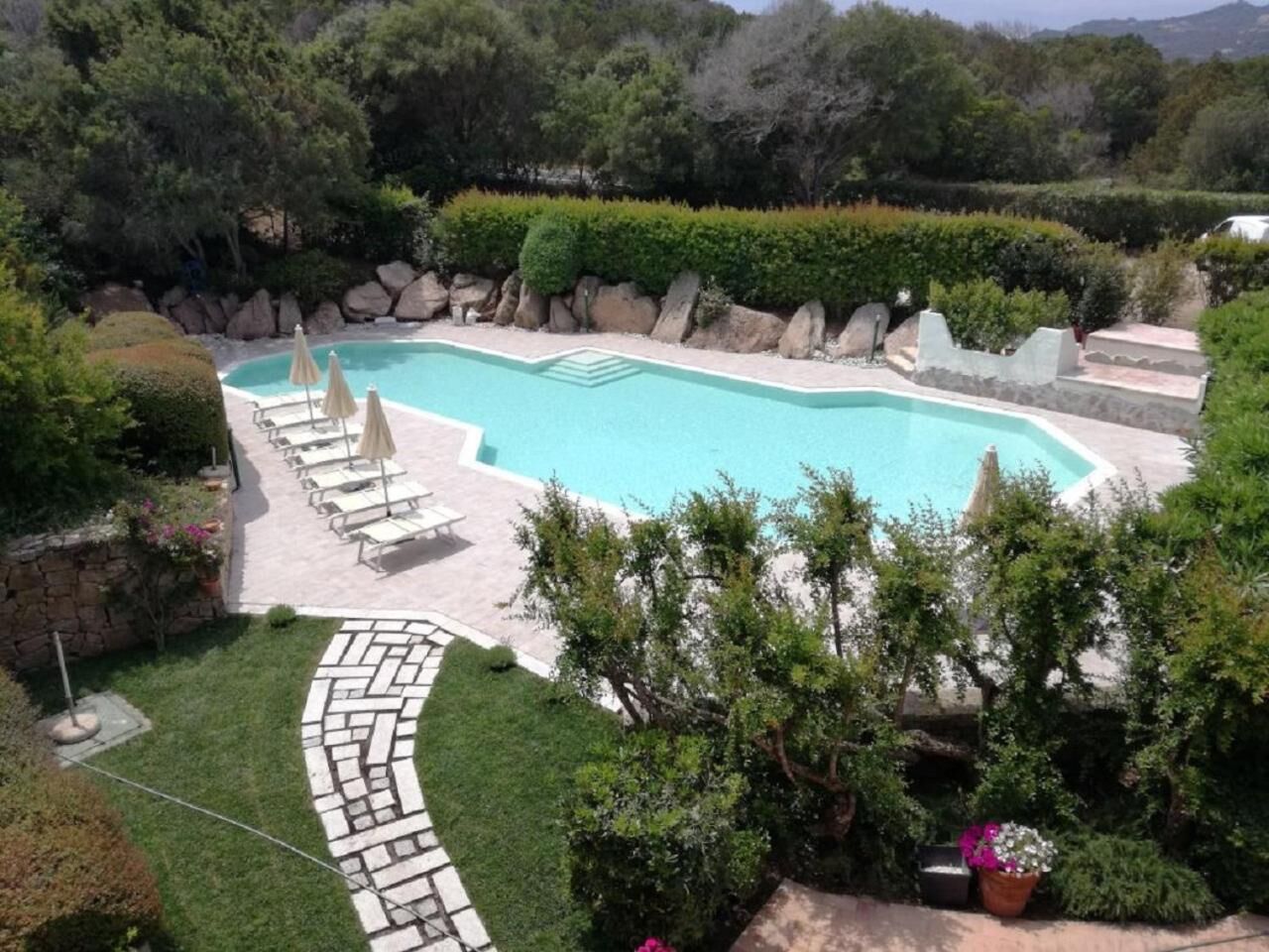 A rectangular swimming pool with a stone border, surrounded by a well-maintained lawn and hedges.