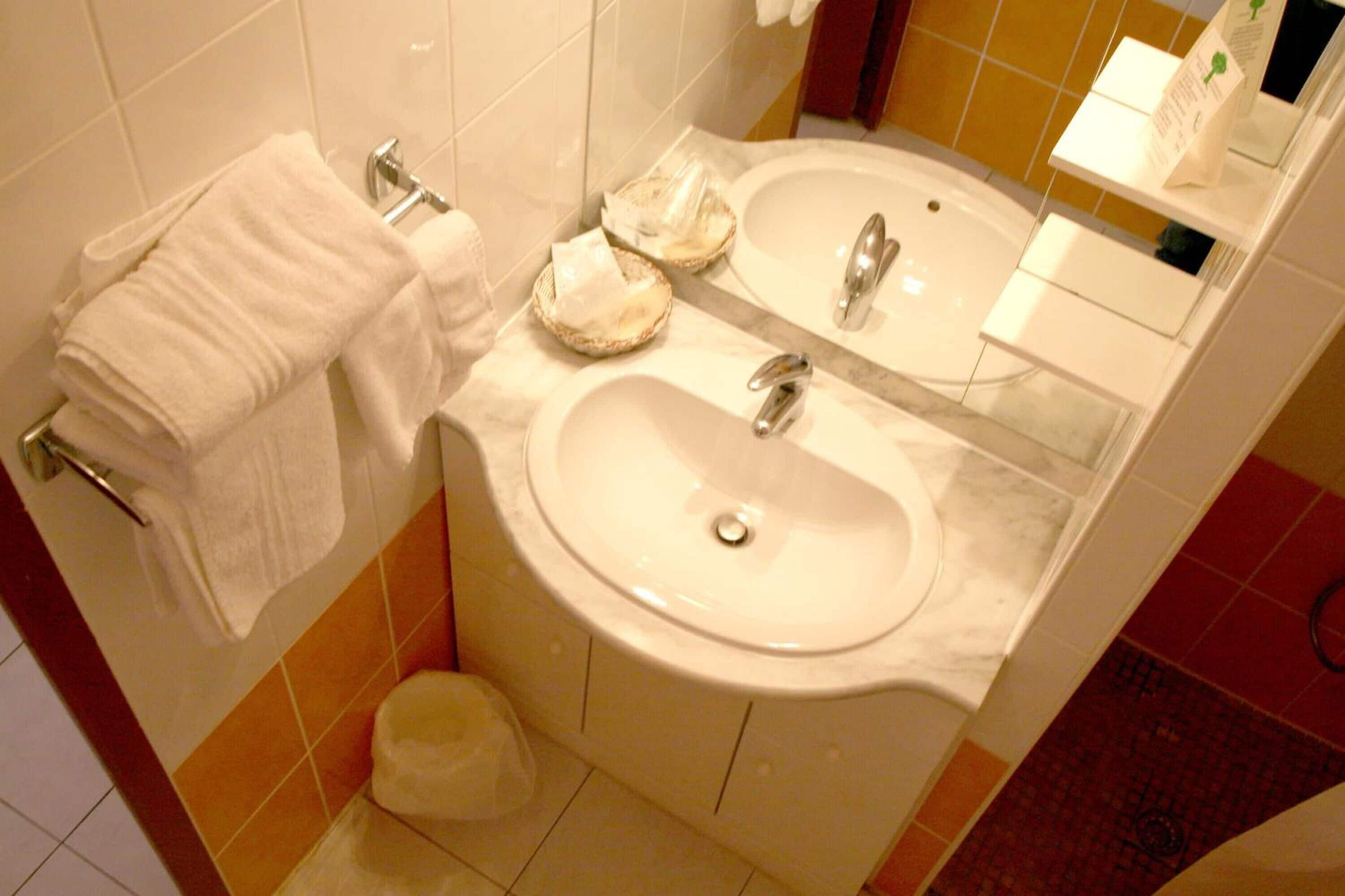 A bathroom with two sinks, a mirror, and a towel rack.