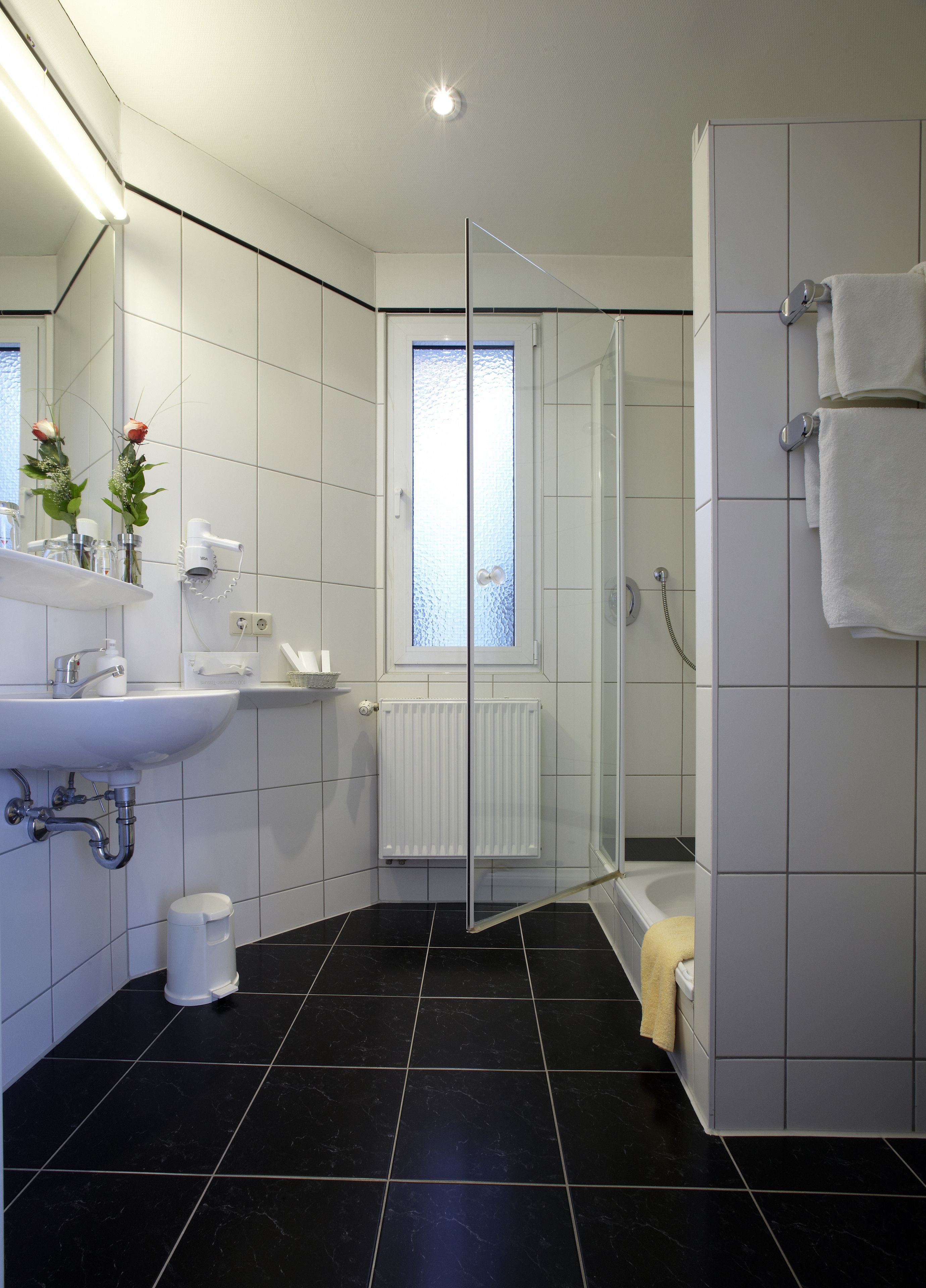 shower, free toiletries, hair dryer, towels