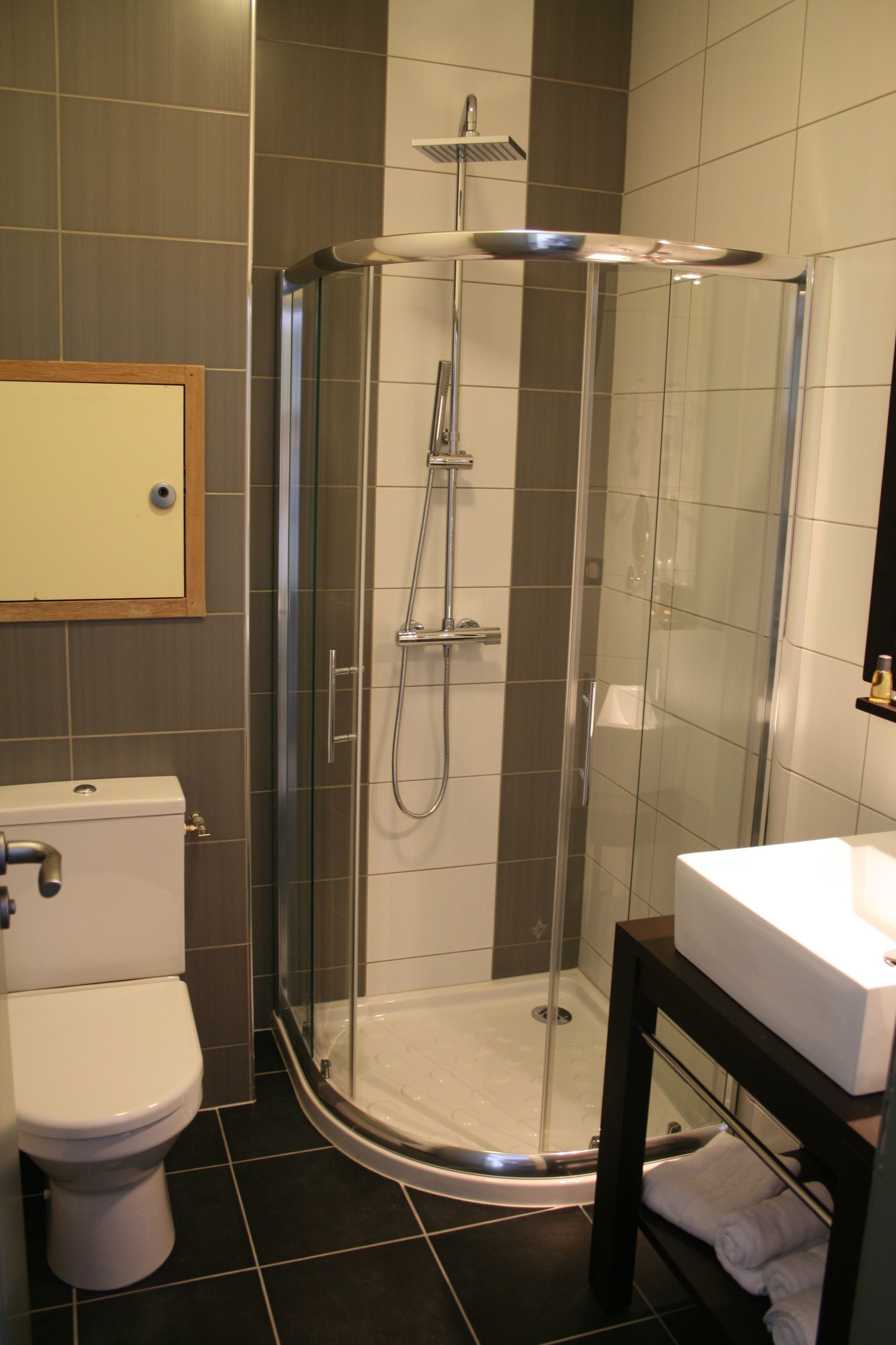 A modern bathroom with a glass-enclosed shower, a toilet, and a sink with a mirror above it.