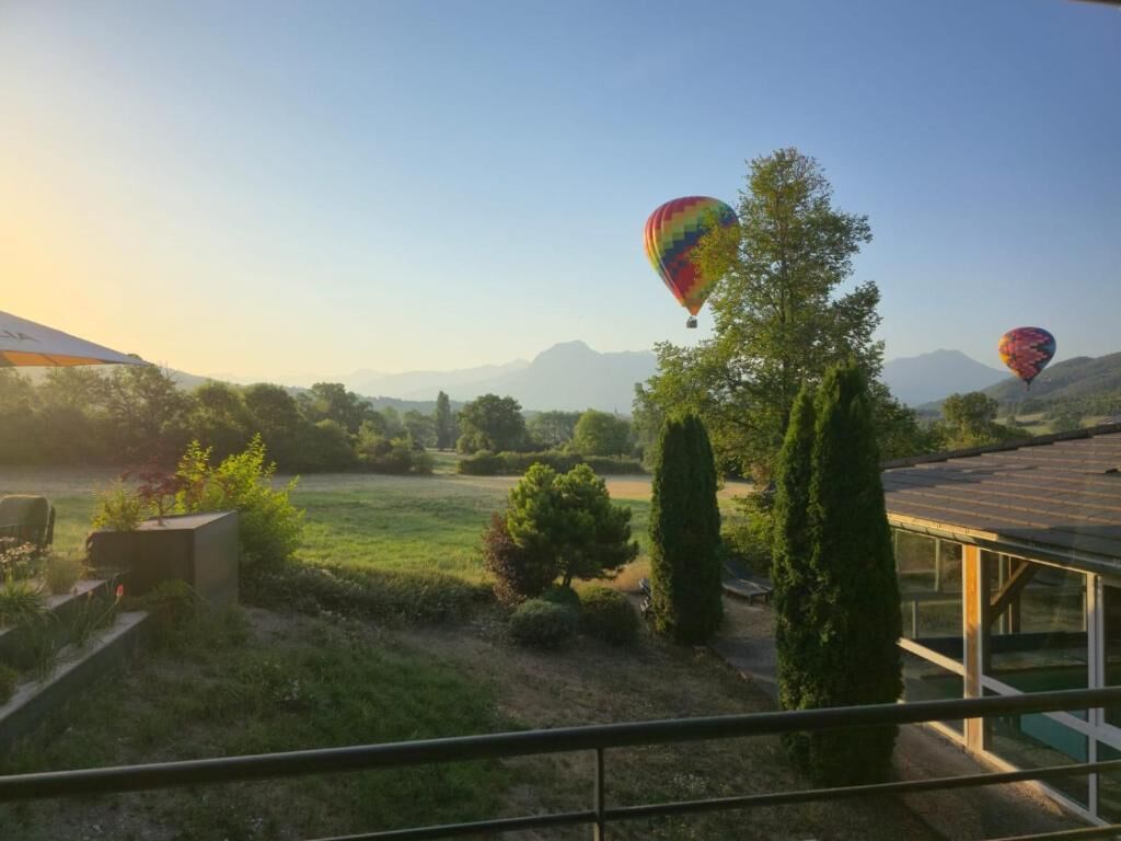 A scenic view from a balcony overlooking a garden with hot air balloons in the distance.