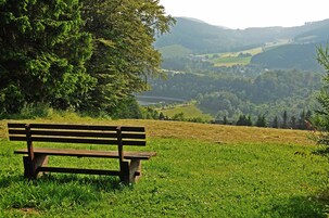 Un banco de madera en un campo cubierto de hierba, con vistas a un valle y colinas al fondo.