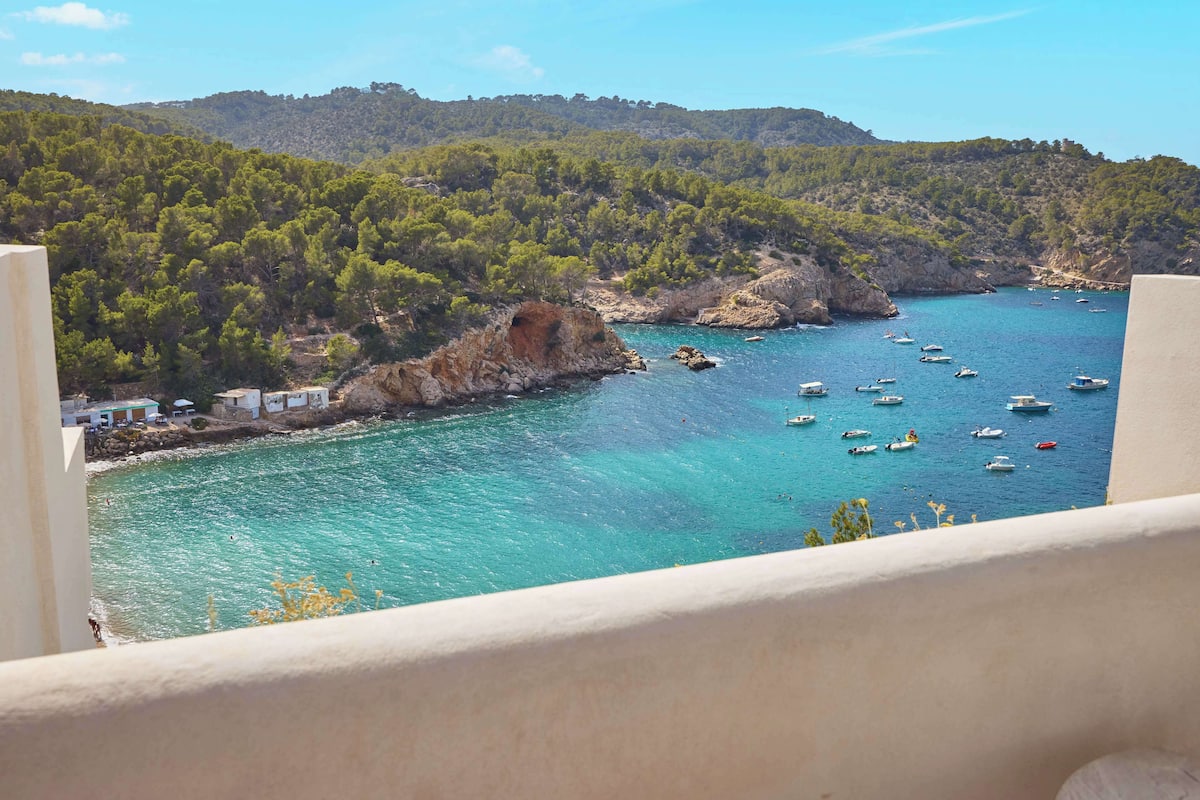 Une vue côtière avec des bateaux sur une eau turquoise, une côte rocheuse et une colline boisée en arrière-plan.