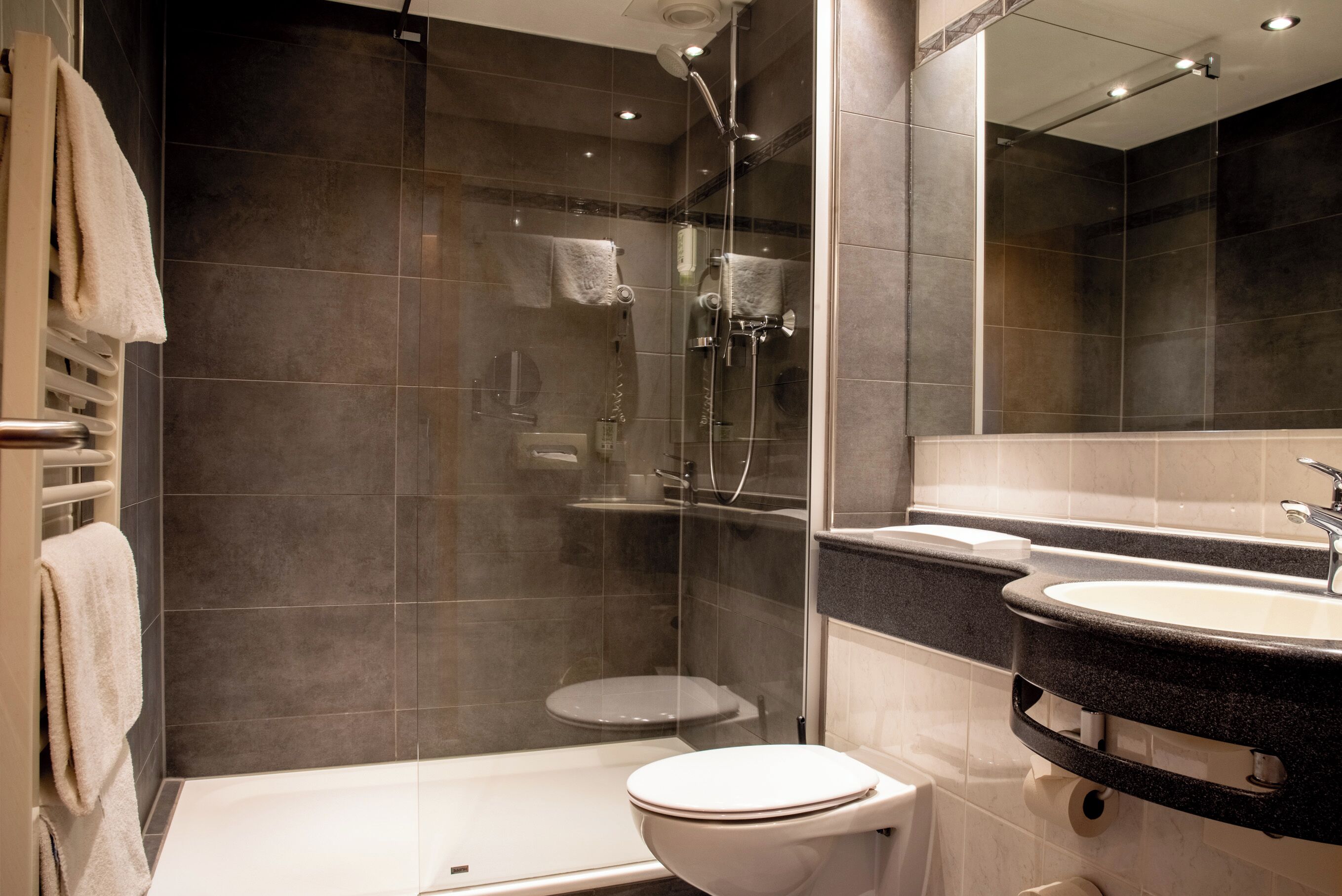 hair dryer, towels, soap, shampoo