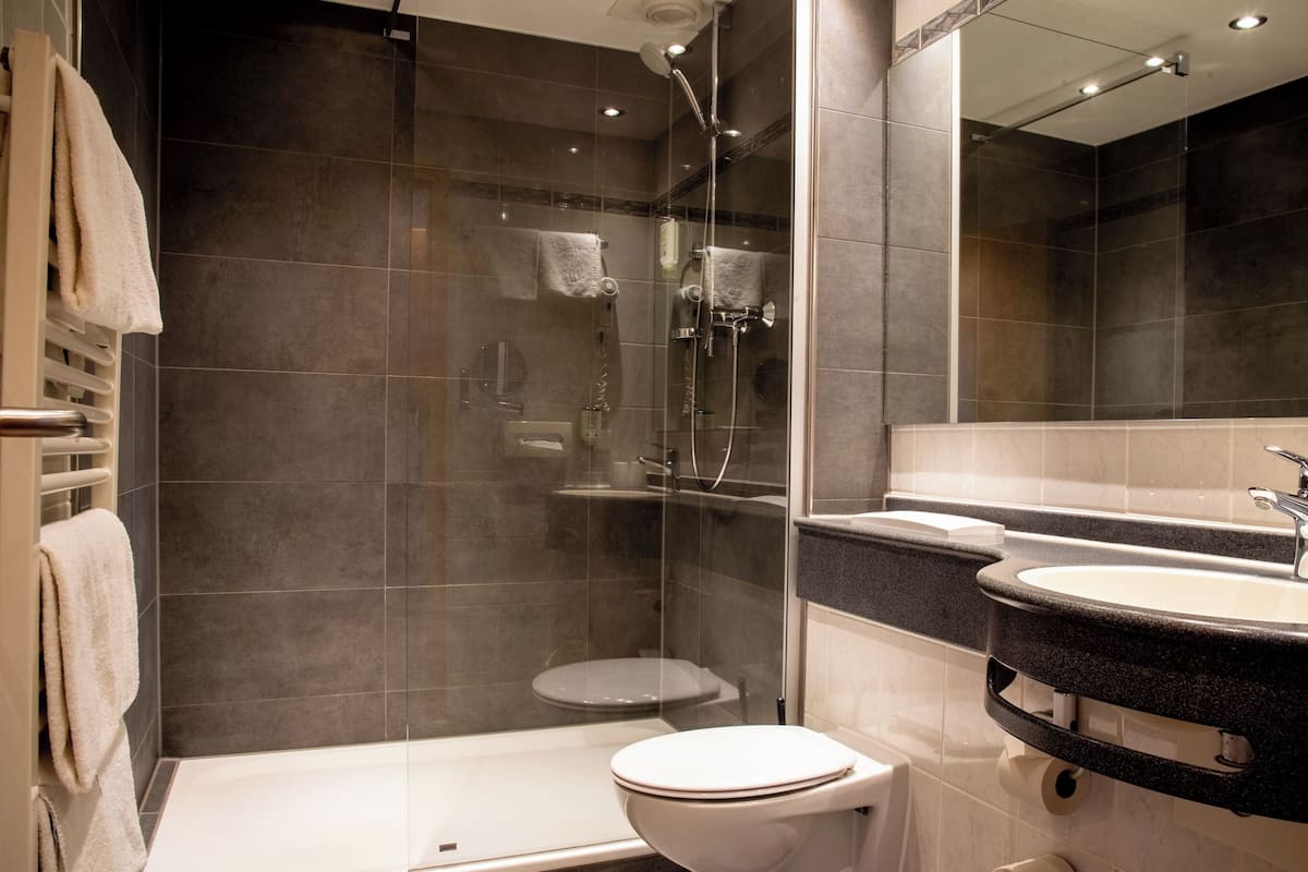 hair dryer, towels, soap, shampoo