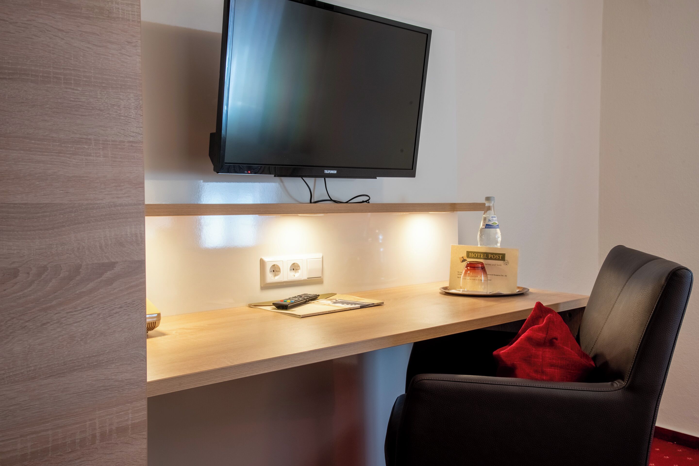 hypo-allergenic bedding, desk, blackout curtains, soundproofing