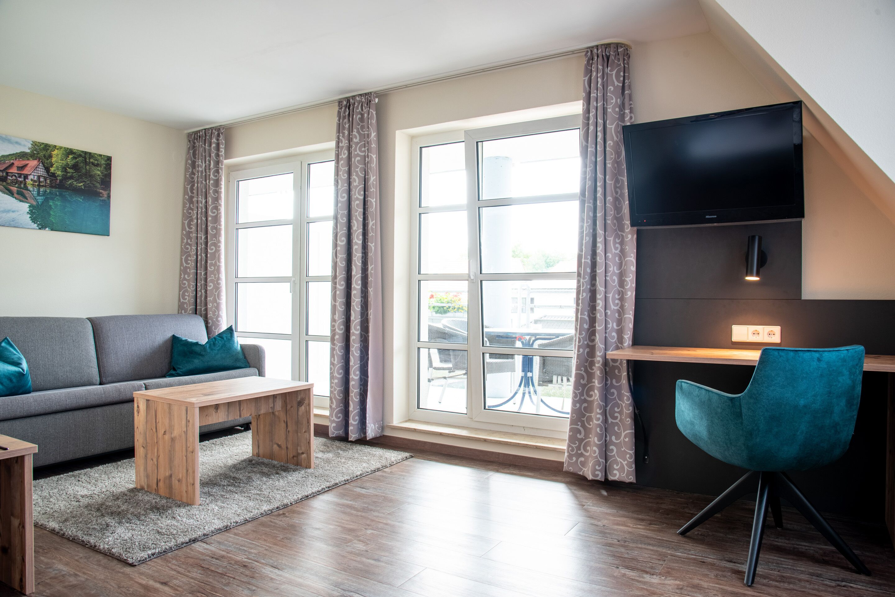 hypo-allergenic bedding, desk, blackout curtains, soundproofing