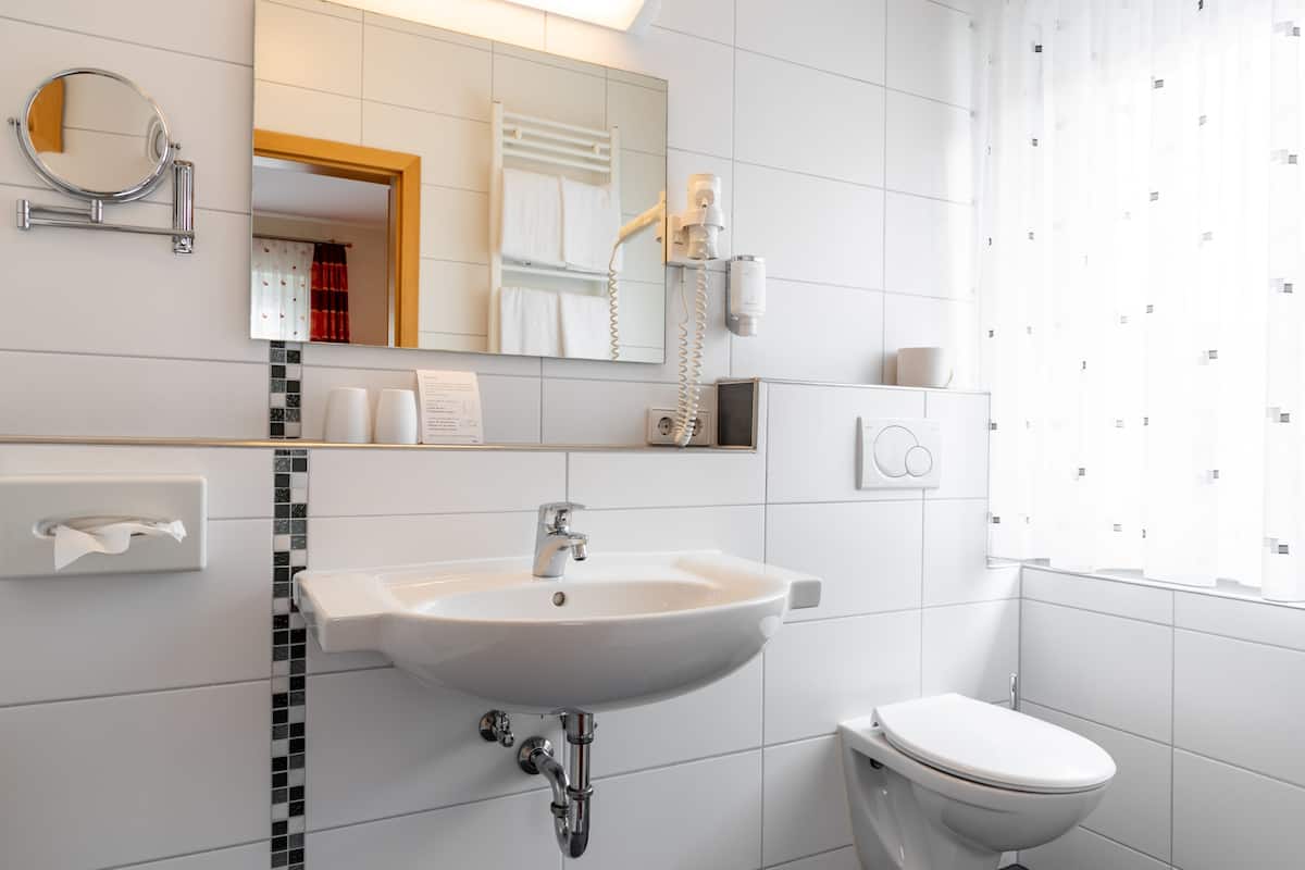 hair dryer, towels, soap, shampoo