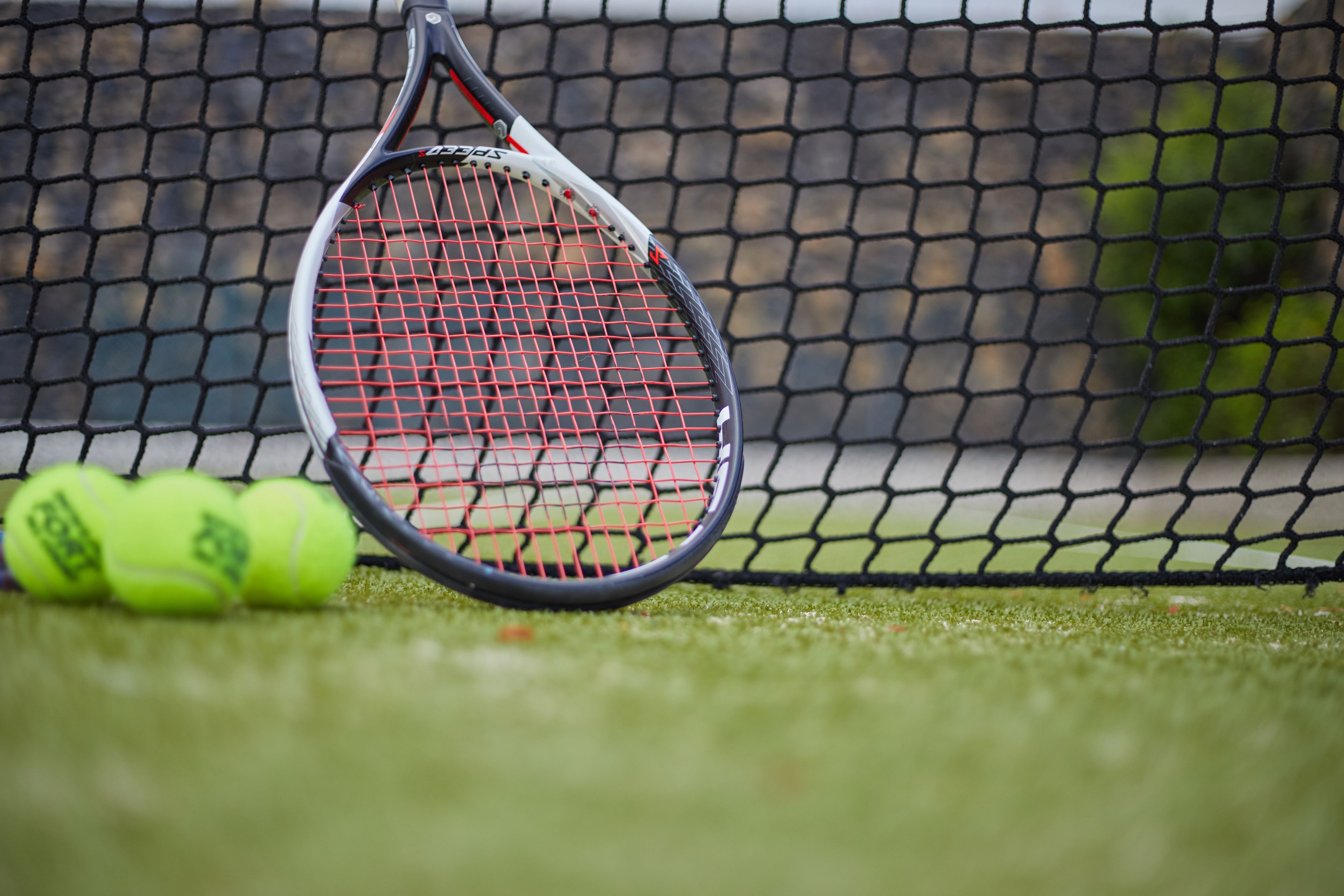 Una raqueta de tenis y pelotas sobre una superficie verde, probablemente una cancha, con una red al fondo.