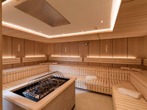 Outdoor treatment area, sauna, steam room, body treatments, aromatherapy