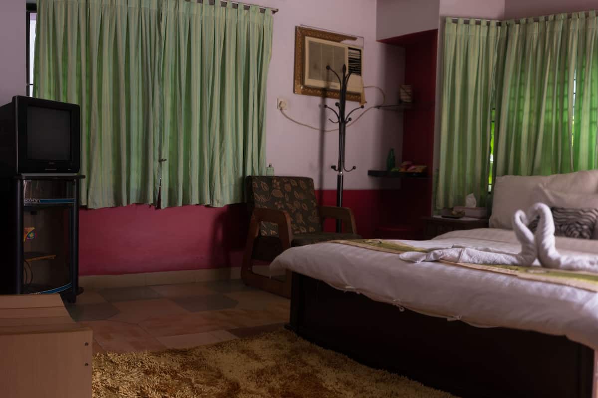 A bedroom with a bed, a TV, and a wardrobe.