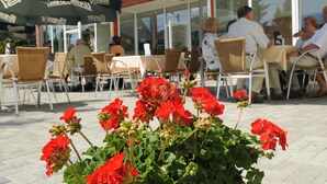 An outdoor seating area with tables and chairs under umbrellas, a potted plant with red flowers, and a glass building in the background. - Beierleins Hotel & Catering GmbH (Callenberg)