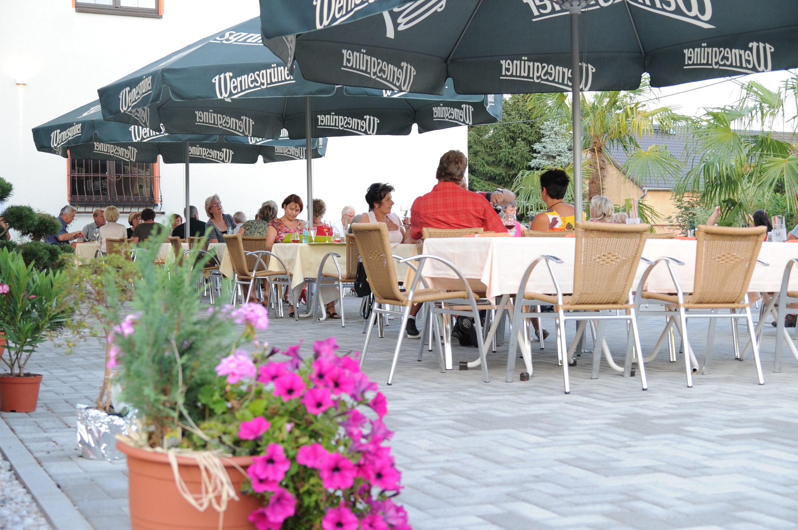 An outdoor dining area with tables and chairs under umbrellas, surrounded by potted plants and a pool.