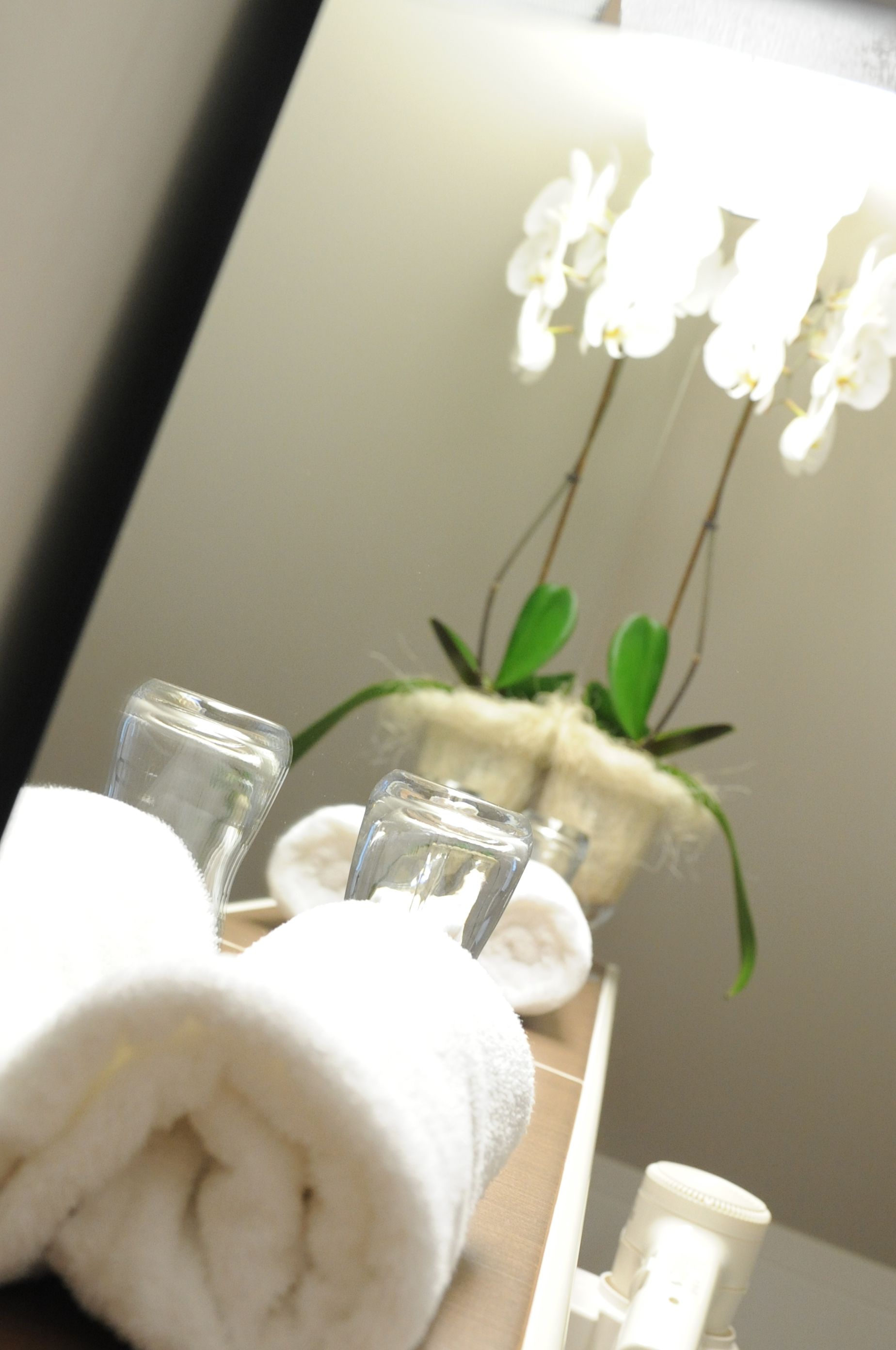 Une salle de bain avec un miroir, une serviette, un récipient en verre et une petite plante.