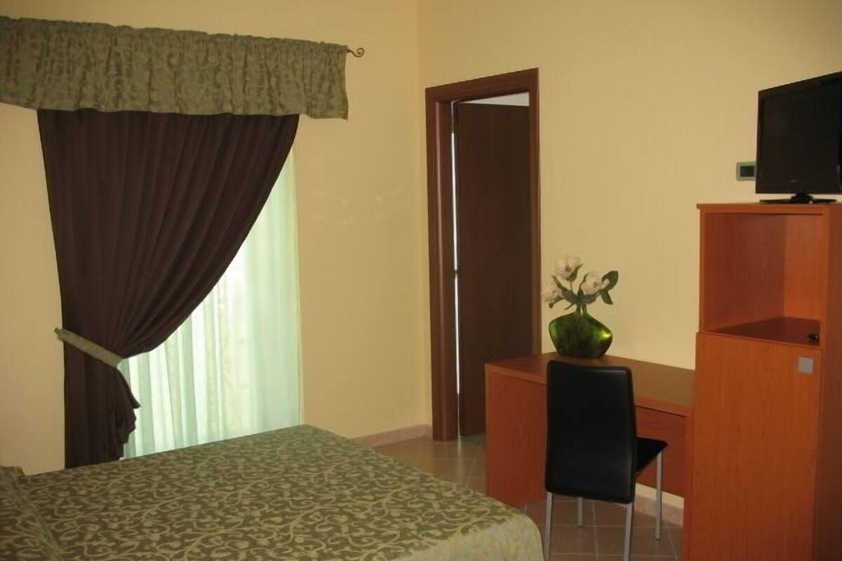 A hotel room with a bed, a desk, a chair, a television, and a small table with a vase.