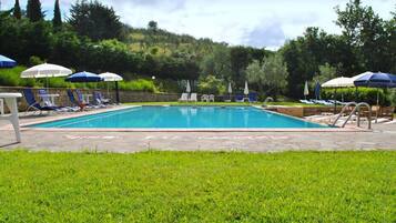 Piscina externa sazonal, guarda-sóis, espreguiçadeiras