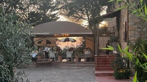 Un espace extérieur aménagé en terrasse, avec des tables et des chaises, un comptoir d’accueil et des plantes en pot.